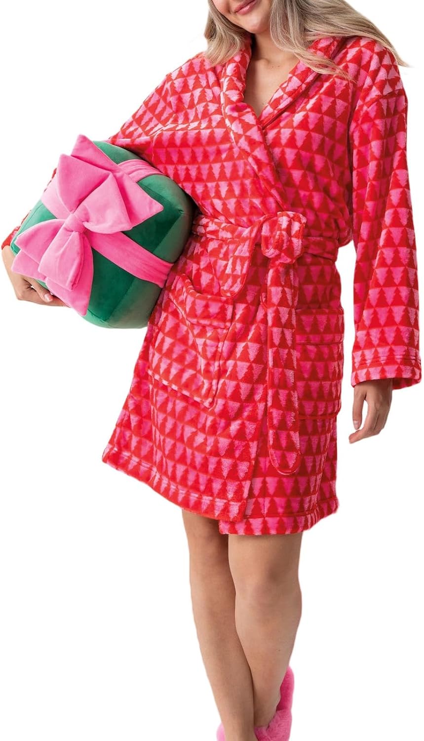 Women’s Striped Shawl Robe Plush Fleece Nightgown BathRobe With Belt Long Sleeve Graphic Bathrobe With Pockets
