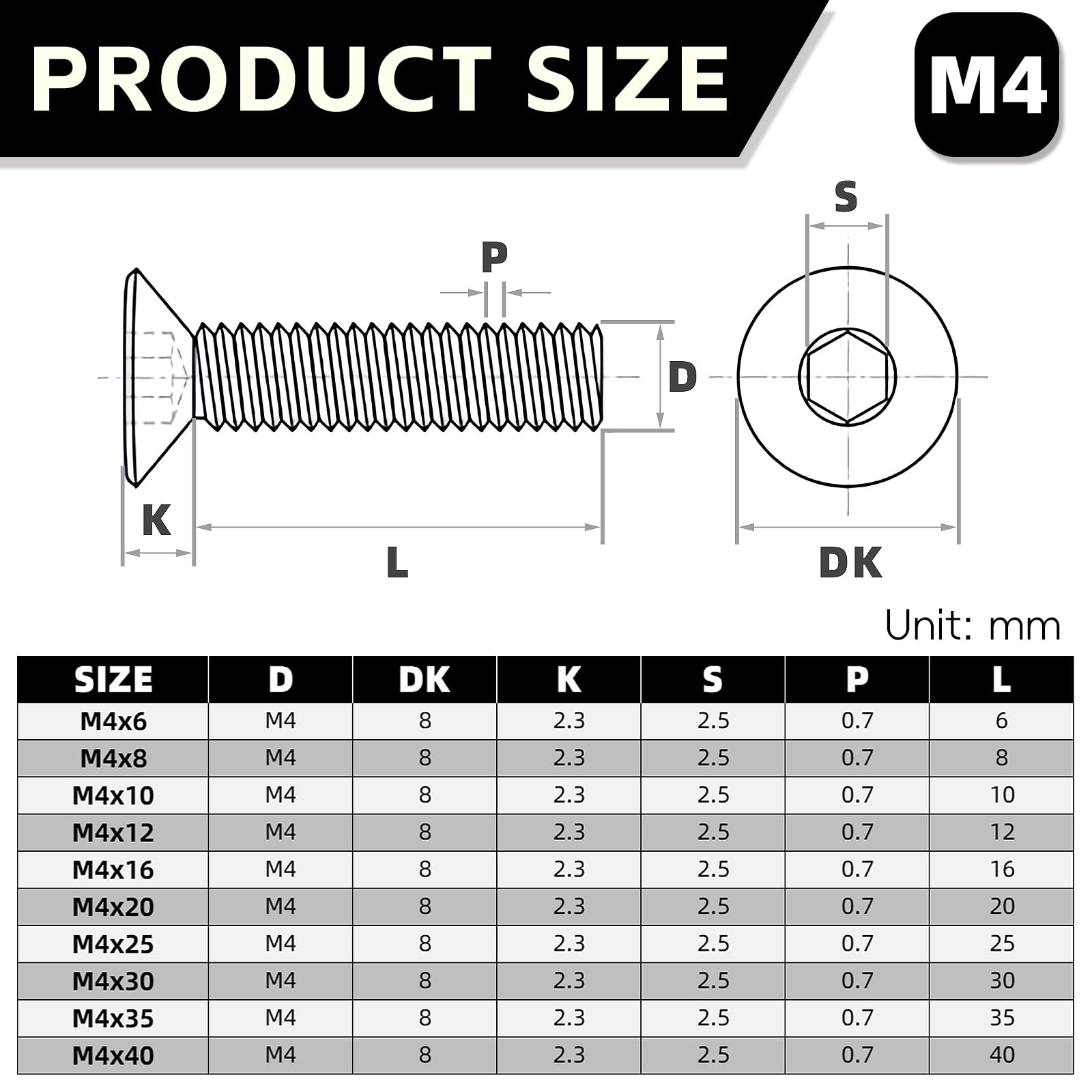 120 viti a testa svasata M4 x 10 mm, in acciaio inox A2 V2A, DIN 7991 con filettatura completa