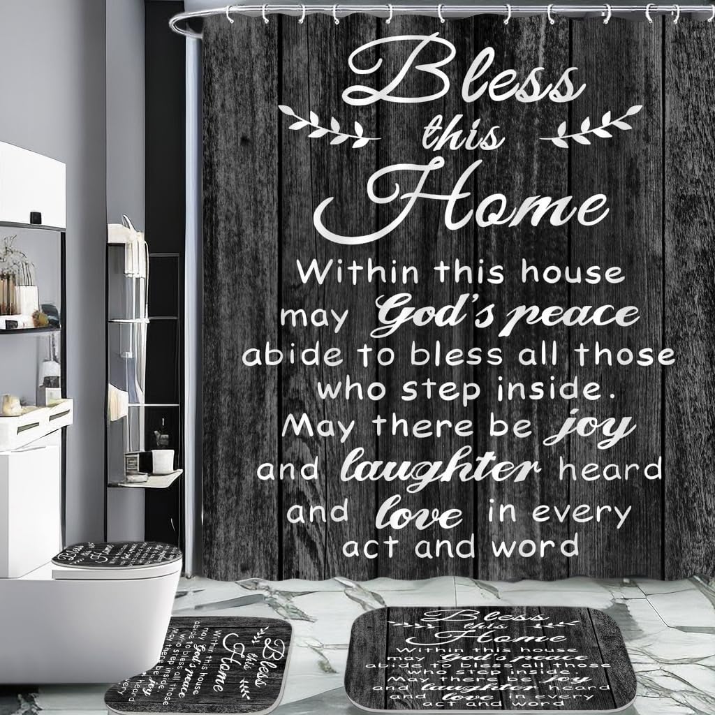 ALEXEX 4 PCS Black Bible Verse Shower Curtain Sets