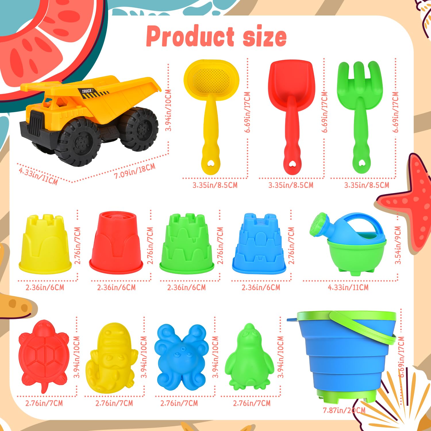 Beach Toys, 14Pcs Sand Toys with Construction Vehicle and Collapsible Beach Bucket, Animal Sand Mold Sets - Image 2