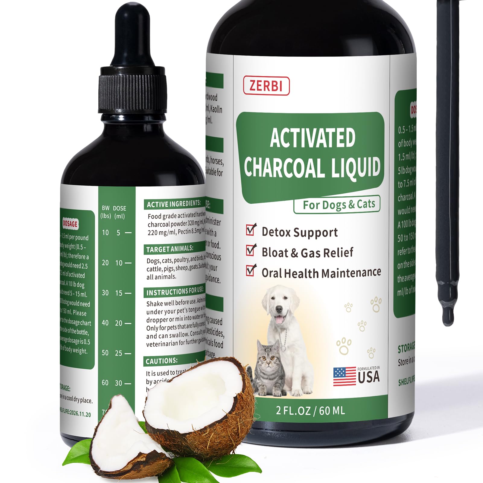 Activated Charcoal Liquid for Dogs – Dog First Aid Essential, Ready Rescue for Dogs – Detox, Diarrhea & Gas Relief, Non-GMO, 60ml