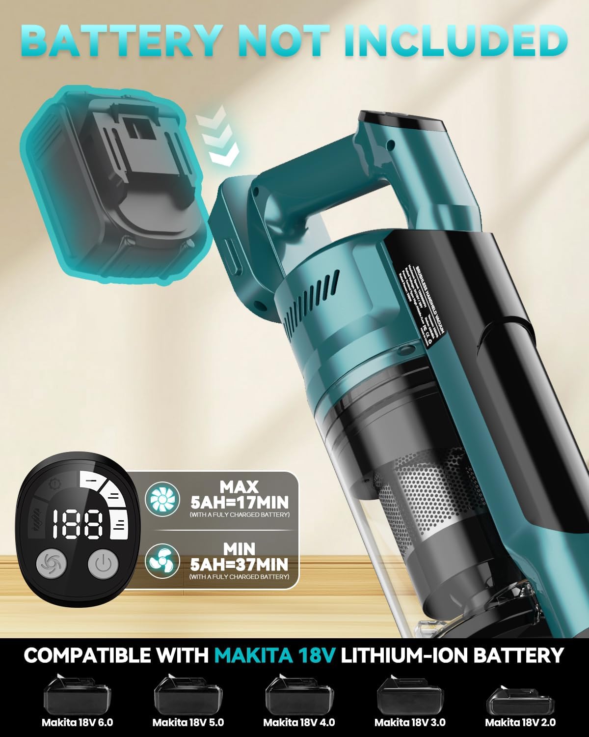 350W Cordless Vacuum Cleaner for Makita 18V Battery, 35kPa Brushless Lightweight Stick Vacuum with 3 Mode Suction, 6 in 1 Stick Vacuum Cleaner with HEPA for Floor, Carpet, Car (Battery Not Included) - Image 3