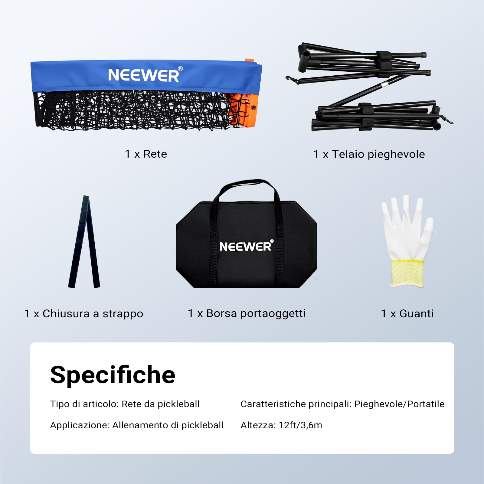 NEEWER Rete da Pickleball Larga 3,6m, Portatile Pieghevole per Vialetto, Accessori Allenamento Pickleball, PB02N