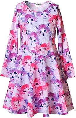 Long Sleeve Cat Dresses for Little Girls Cotton Fall Winter Clothes 6 7