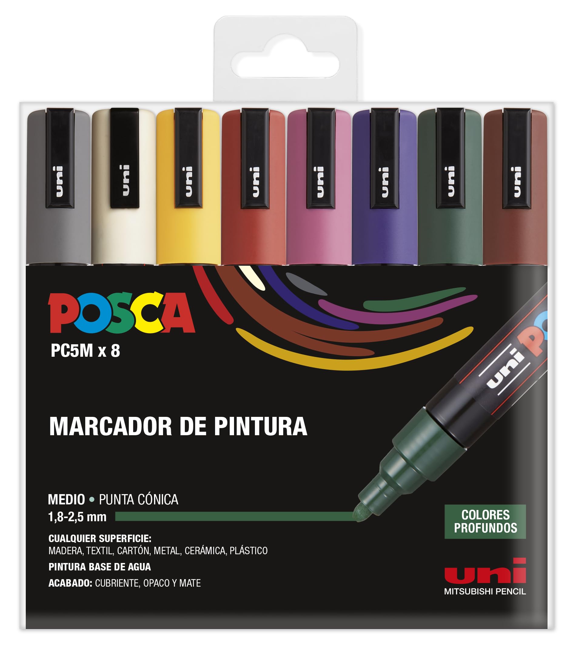 UNI Posca Estuche de 8 Rotuladores PC5M de Punta Cónica Colores Oscuros