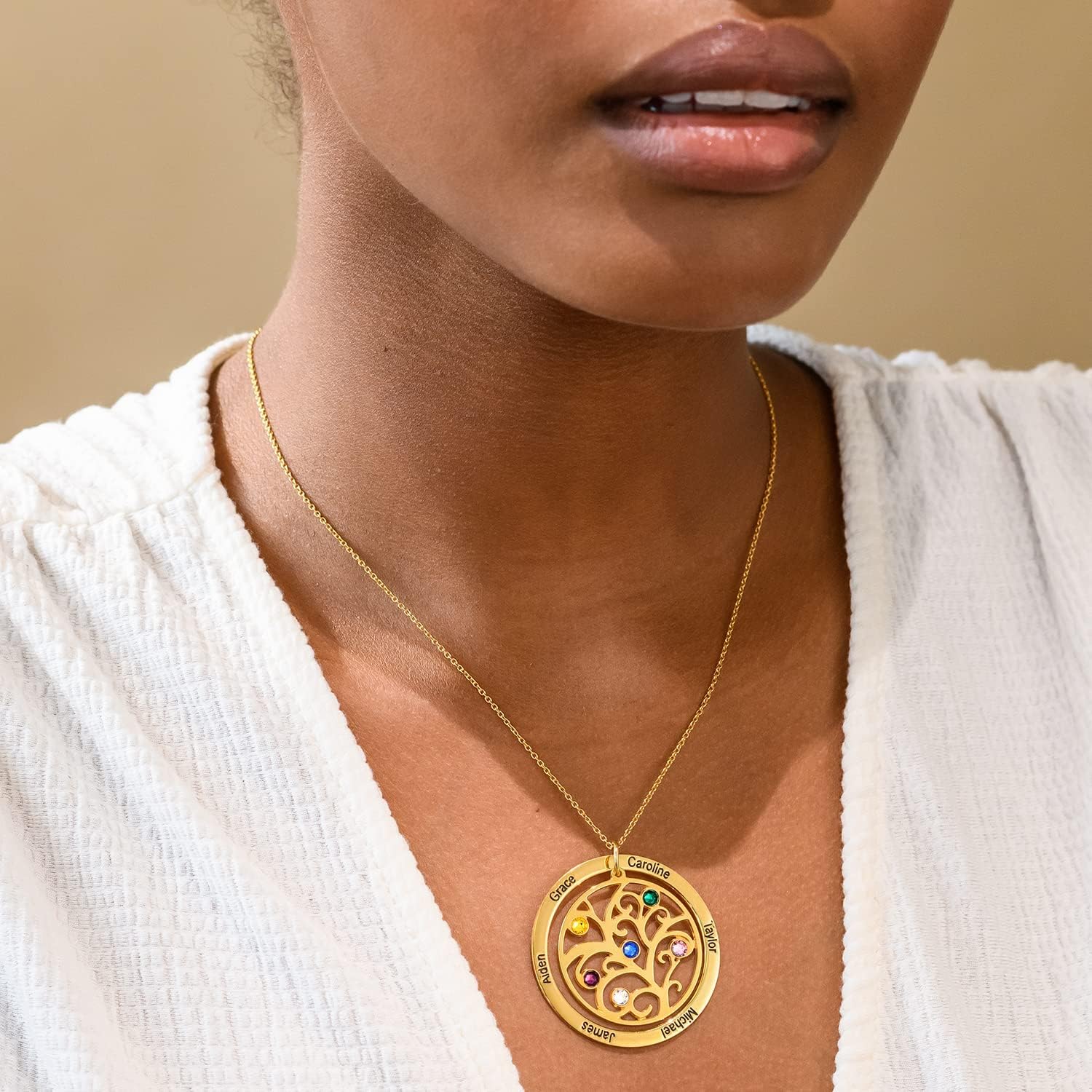 MYKA - Personalized Family Tree Necklace with Engraved Names & Birthstones for Woman, Mom, Her, Grandma - Custom Jewelry Gift for MotherÕs Day, Xmas, Christmas, Birthday - Round CZ Stone Pendant - 925 Sterling Silver, Gold & Rose Plated, White & Solid Gold - Precious Metals