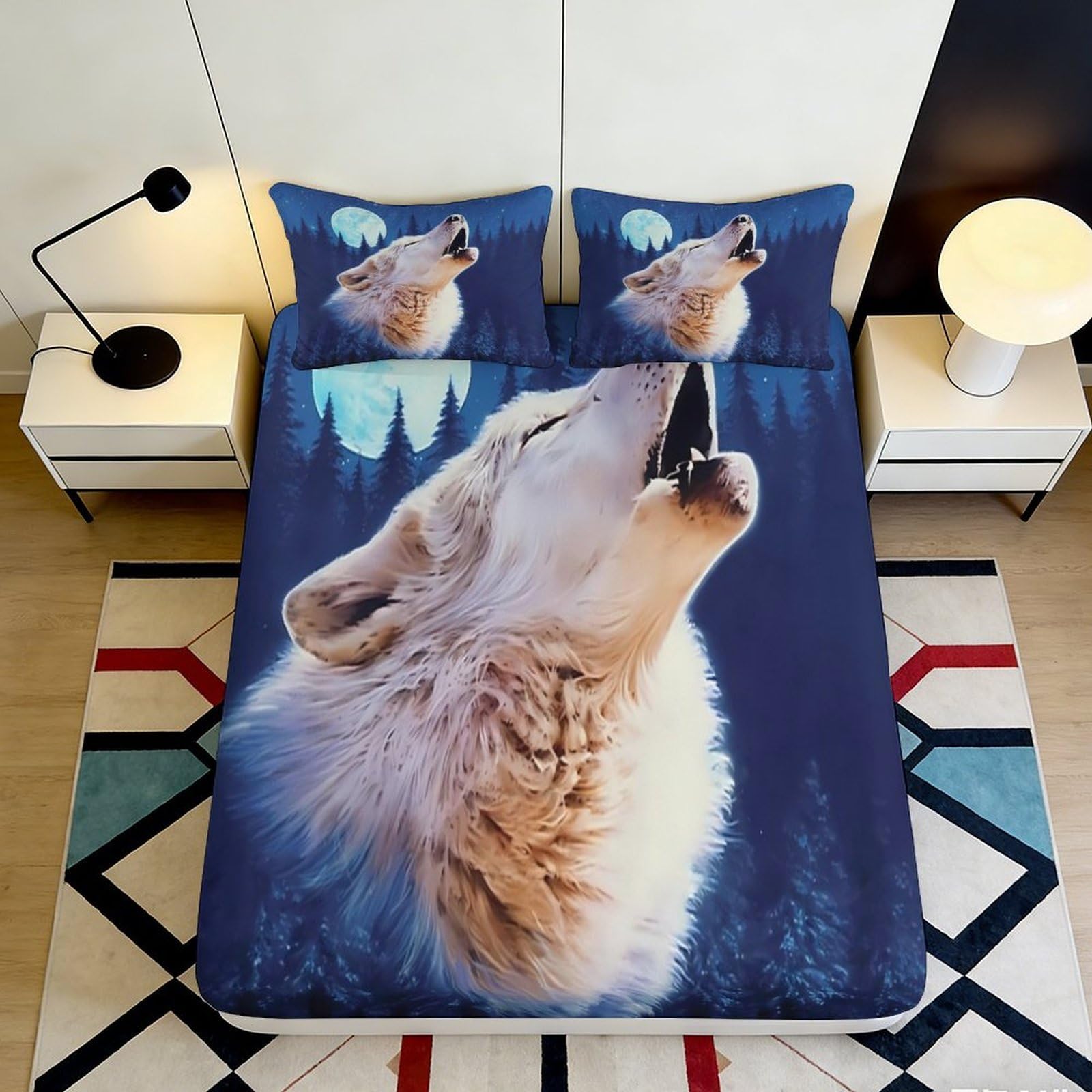 3D Printed Howling Wolf Fitted Sheet Microfiber Soft Breathable Moonlight Forest Bed Cover for Bedroom Dormitory Guest Room Mattress Protection Decor 180x200x25cm