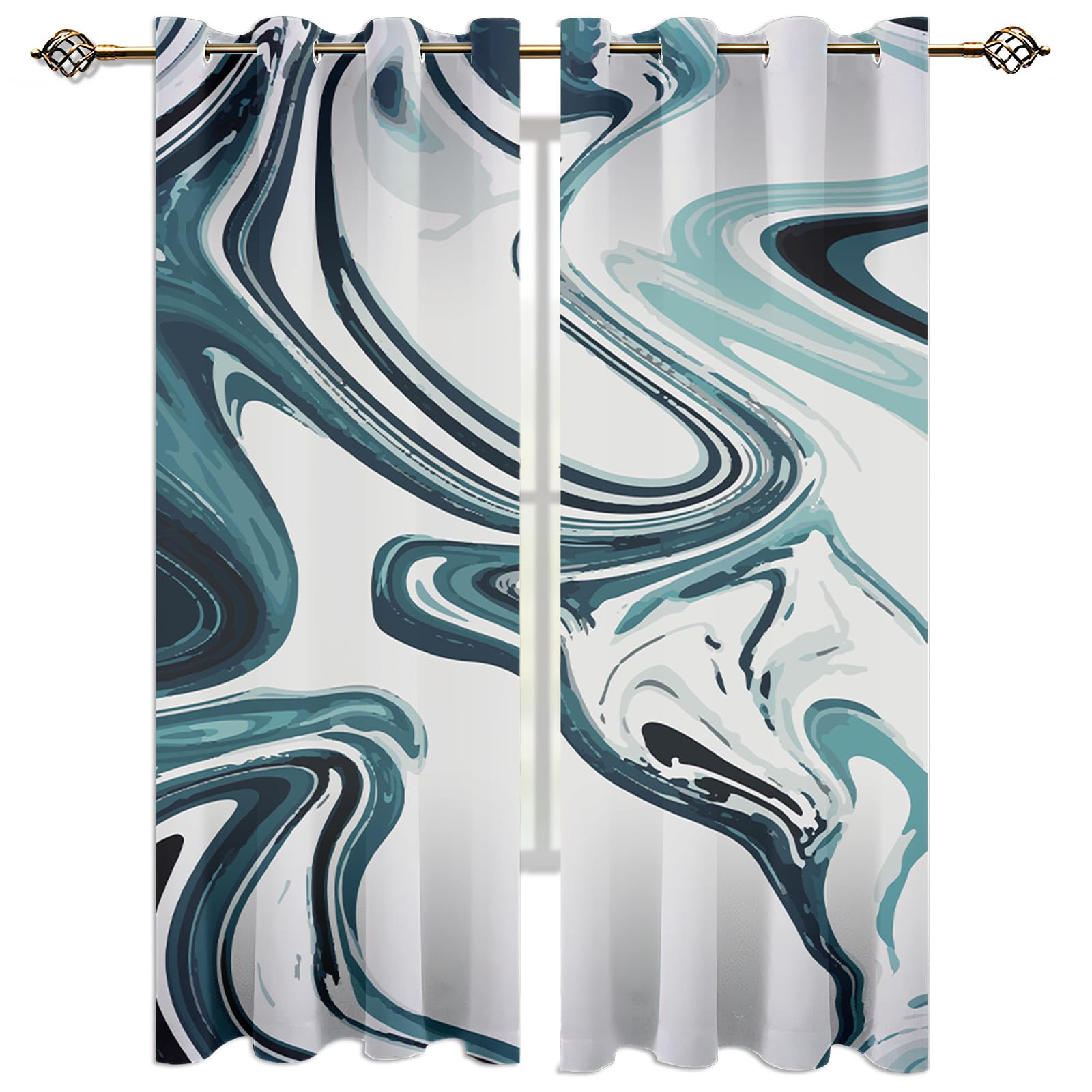 Cortinas Opacas Cortas Salon Dormitorio Modernas Para Ventanas Textura De Mármol Minimalista Moderna, Azul Y Blanco, De Arte Fluido Estampadas 2 Piezas Con Ojales 200X160Cm Cortinas Opacas Termicas