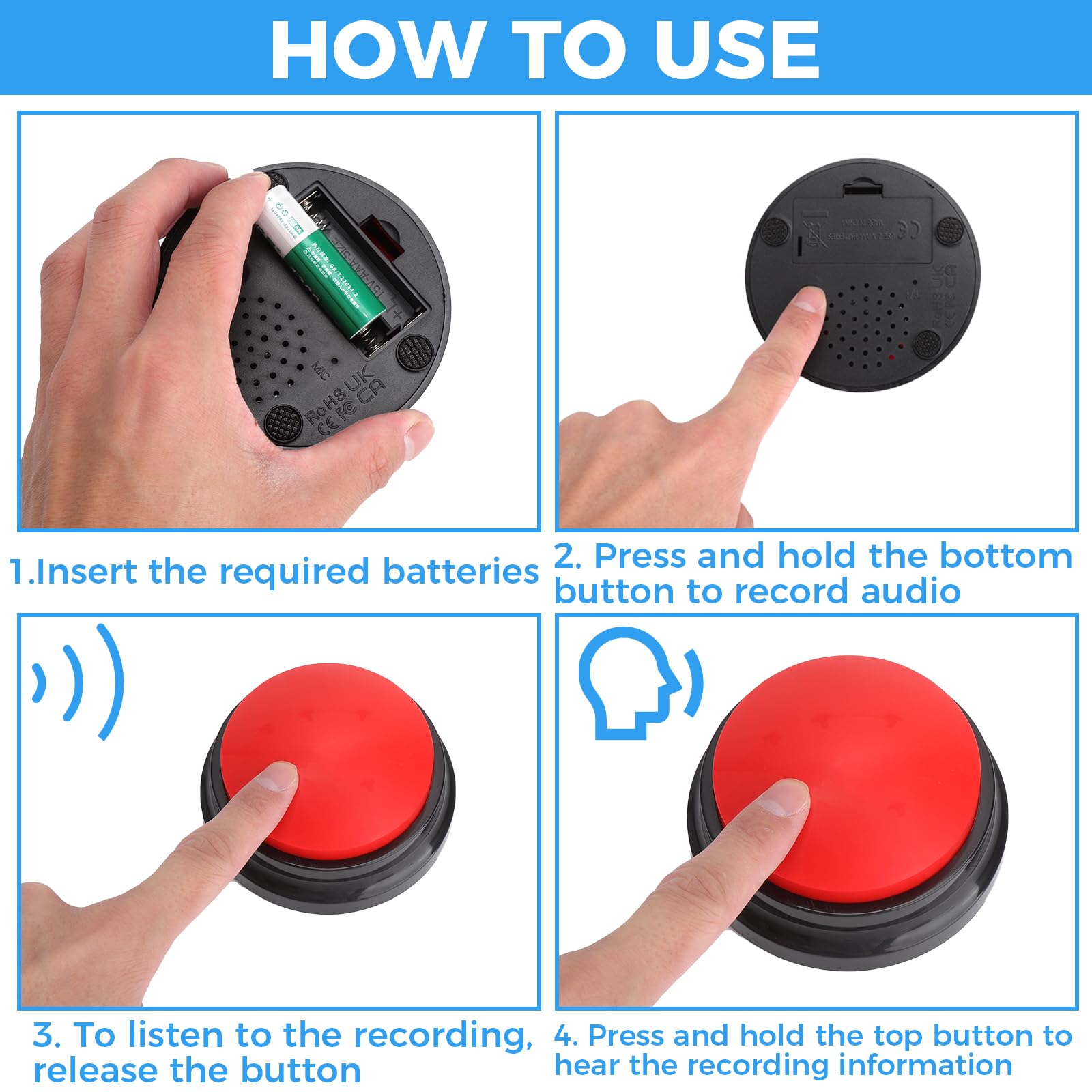 HENGBIRD Lot de 2 Buzzer pour Jeux de Questions, Buzzer Button, Buzzer enregistrable avec Fonction d'enregistrement de 30 Secondes, Bouton Parlant pour Chiens et Chats (Rouge et Bleu)