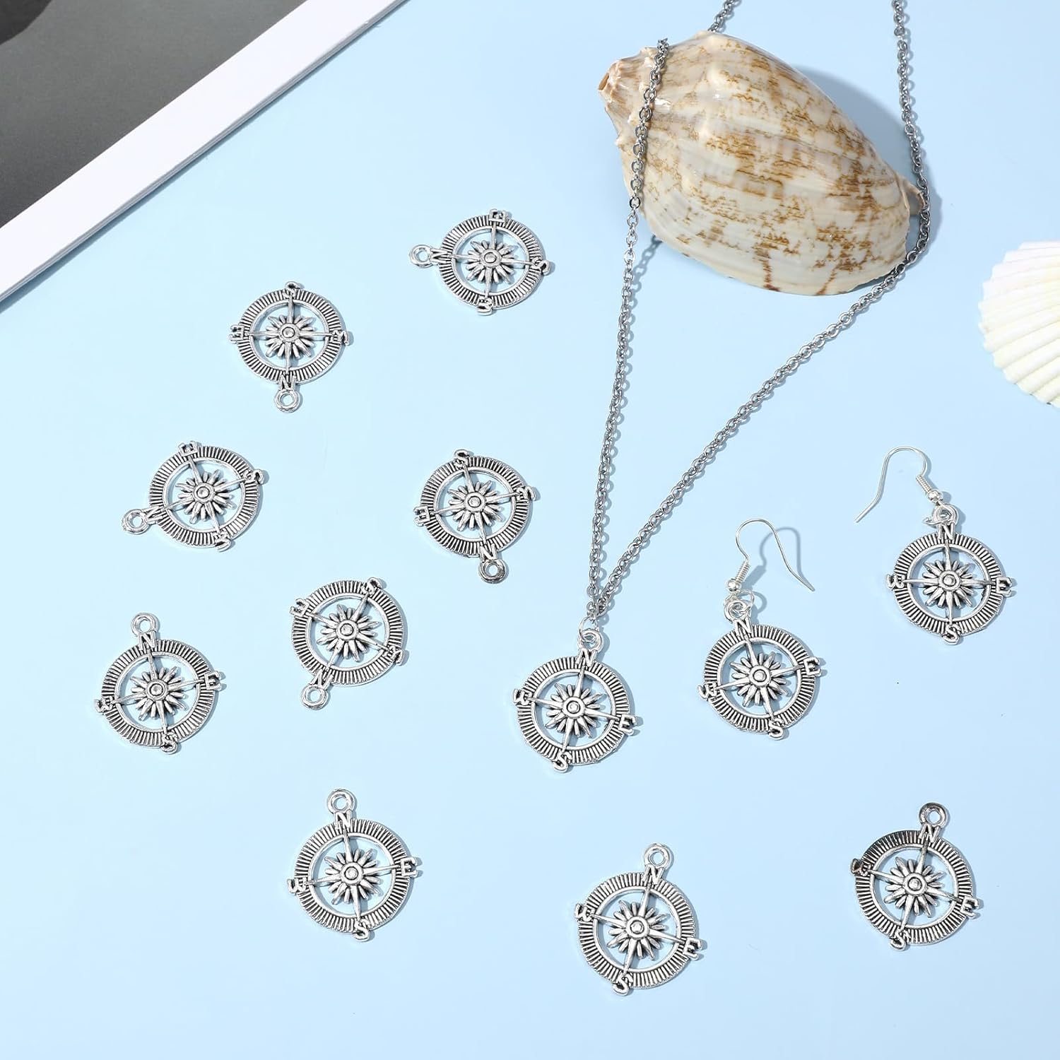 50Pcs Nautical Compass Charm for Women - Vintage Ocean Compass Elegant Pendant, DIY Sea Themed Earrings Bracelet Necklace Crafts, Phone Charms - Silver Alloy - Image 4