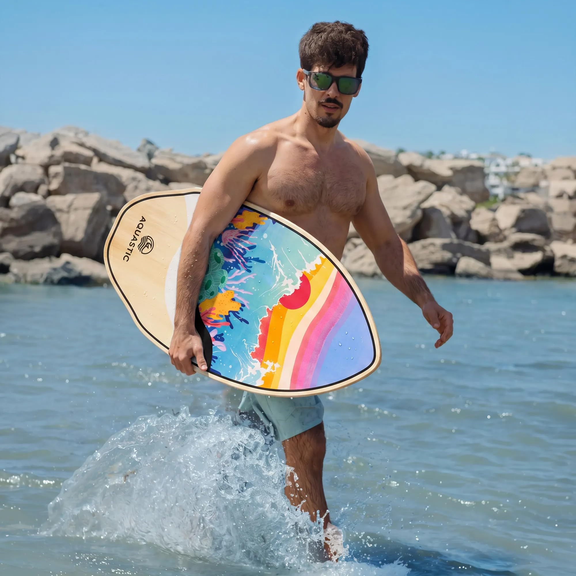 AQUASTIC Lagoon 39" Skimboard ze sklejki topolowej, 99 x 49 cm, do 100 kg, kolorowa deska dla początkujących i zaawansowanych