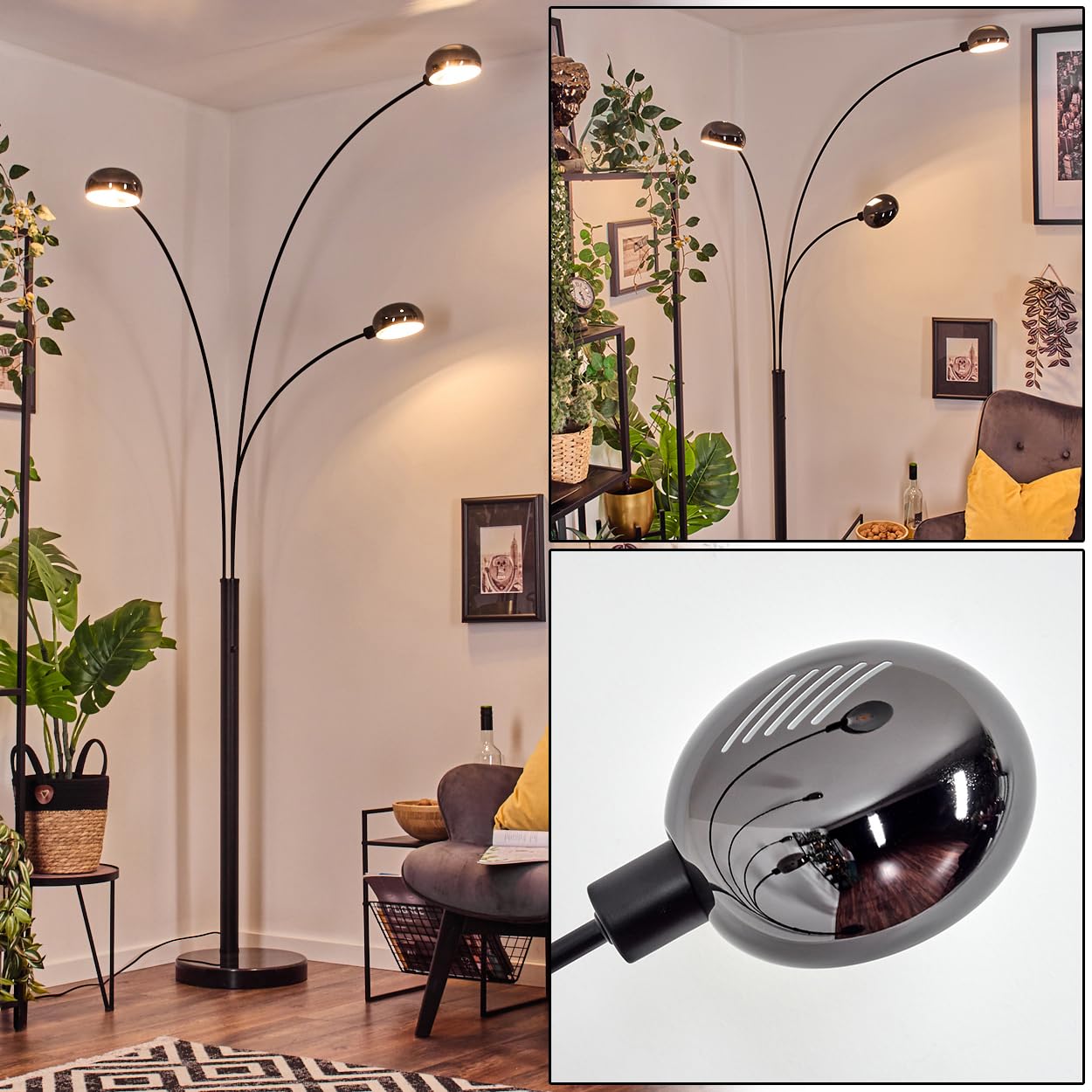 HOFSTEIN Nikkala Lampadaire en métal noir/chrome/fumée avec pied en marbre, lampe réglable au design rétro/vintage, interrupteur sur le boîtier, 240 cm, E14, salon, chambre, bureau