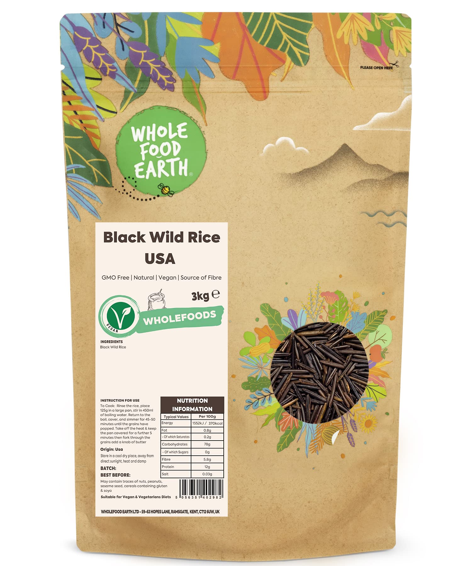 Riso selvatico nero, senza OGM, naturale, vegano, senza latticini, senza zucchero aggiunto, 3 kg