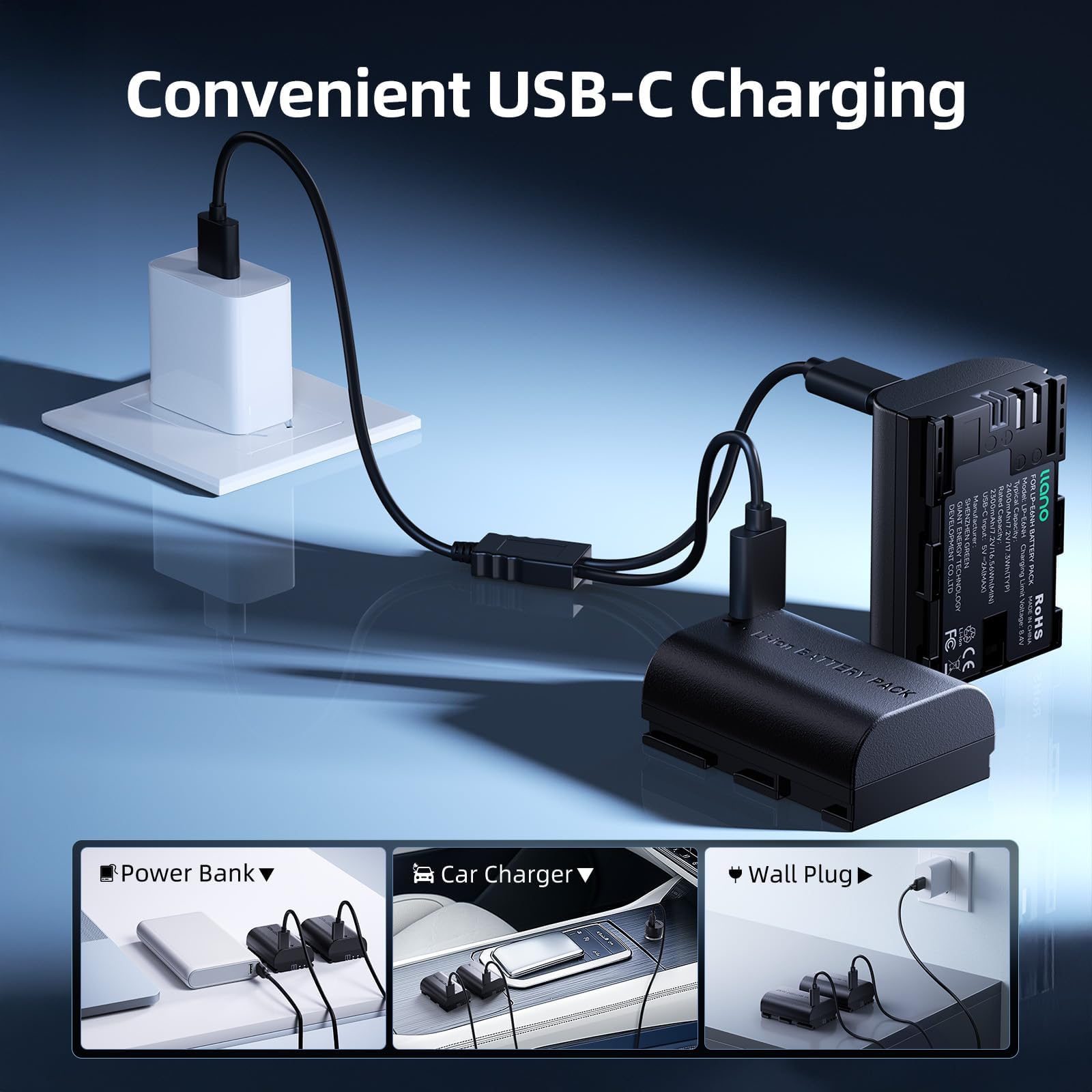 llano Batteria LP-E6NH da 2400 mAh con ricarica rapida USB-C per Canon R5/R6/R7 Mark II, 5D/6D/7D Mark II/III/IV, 60D/70D/80D/90D, completamente decodificata, capacità reale, batterie di ricambio