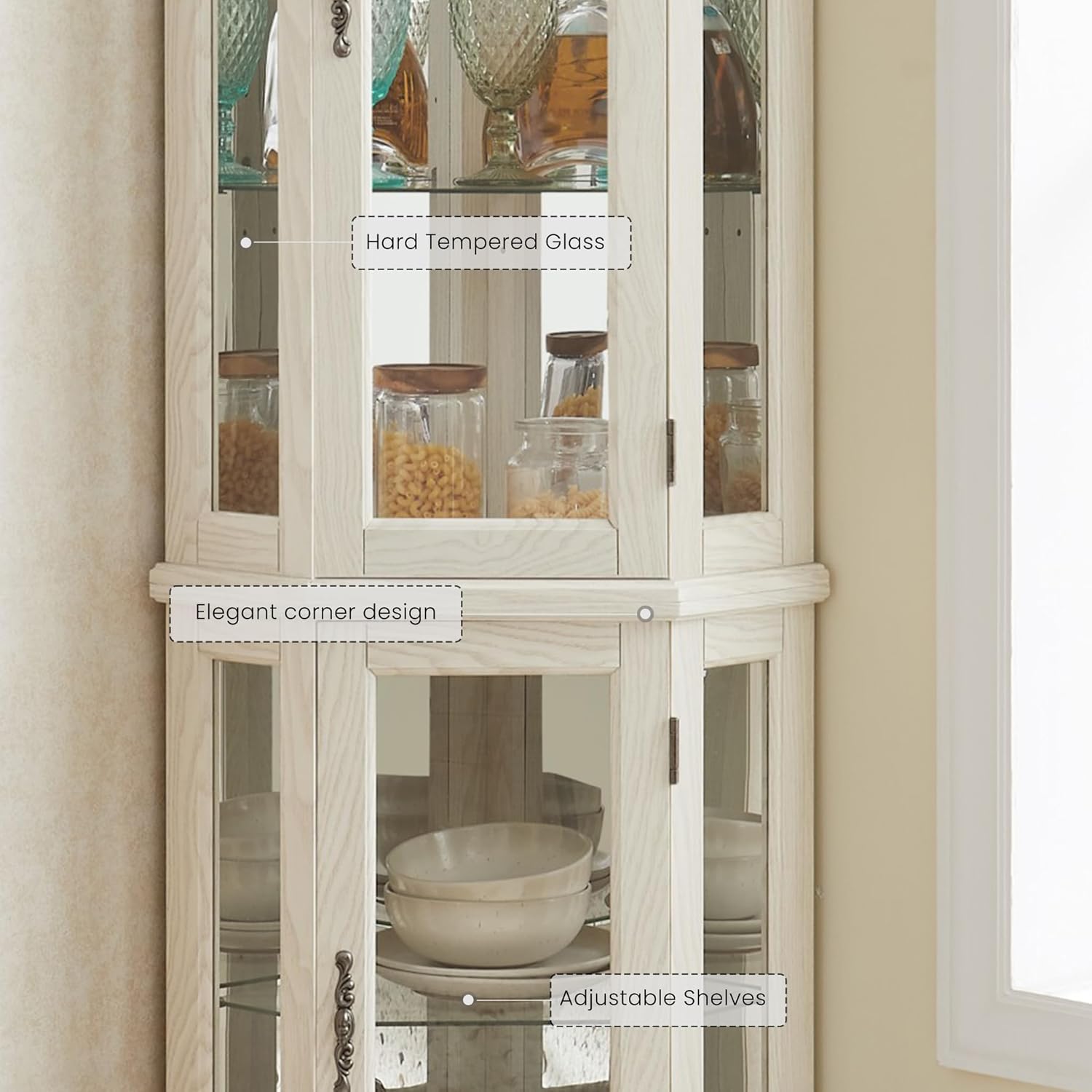 70.5" H Lighted Corner Display Curio Cabinet, Wooden Shelving Unit with Tempered Glass Doors, Bar and Liquor Storage Area, Rack for Living Room (Antique White)