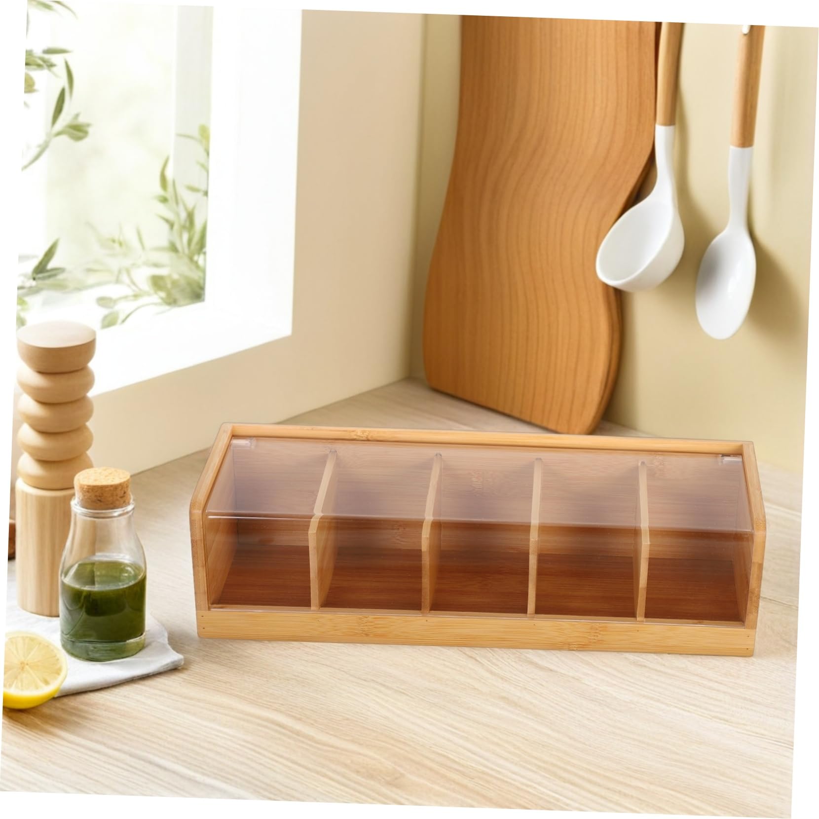 COLLBATH Caja de Bolsitas de Té de 5 Compartimentos en Bambú con Tapa
