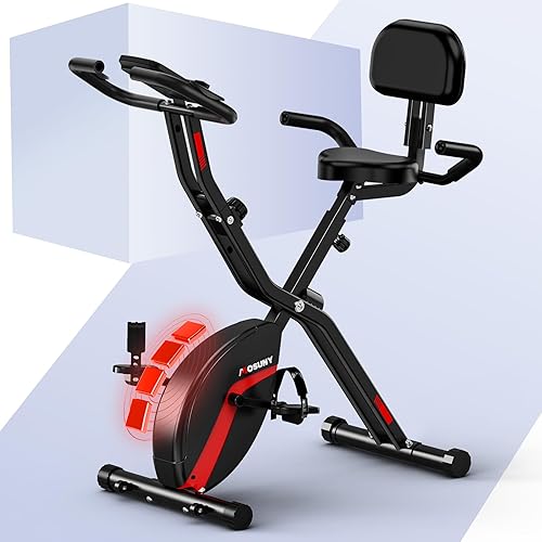 Exercise Bike,MOSUNY 2025 New Foldable Stationary Bike with 16 Levels Magnetic Resistance, Folding Exercise Bicycles With 10DB Near-silent with, 350LBS Capacity,Comfortable Seat Backrest - Black Red