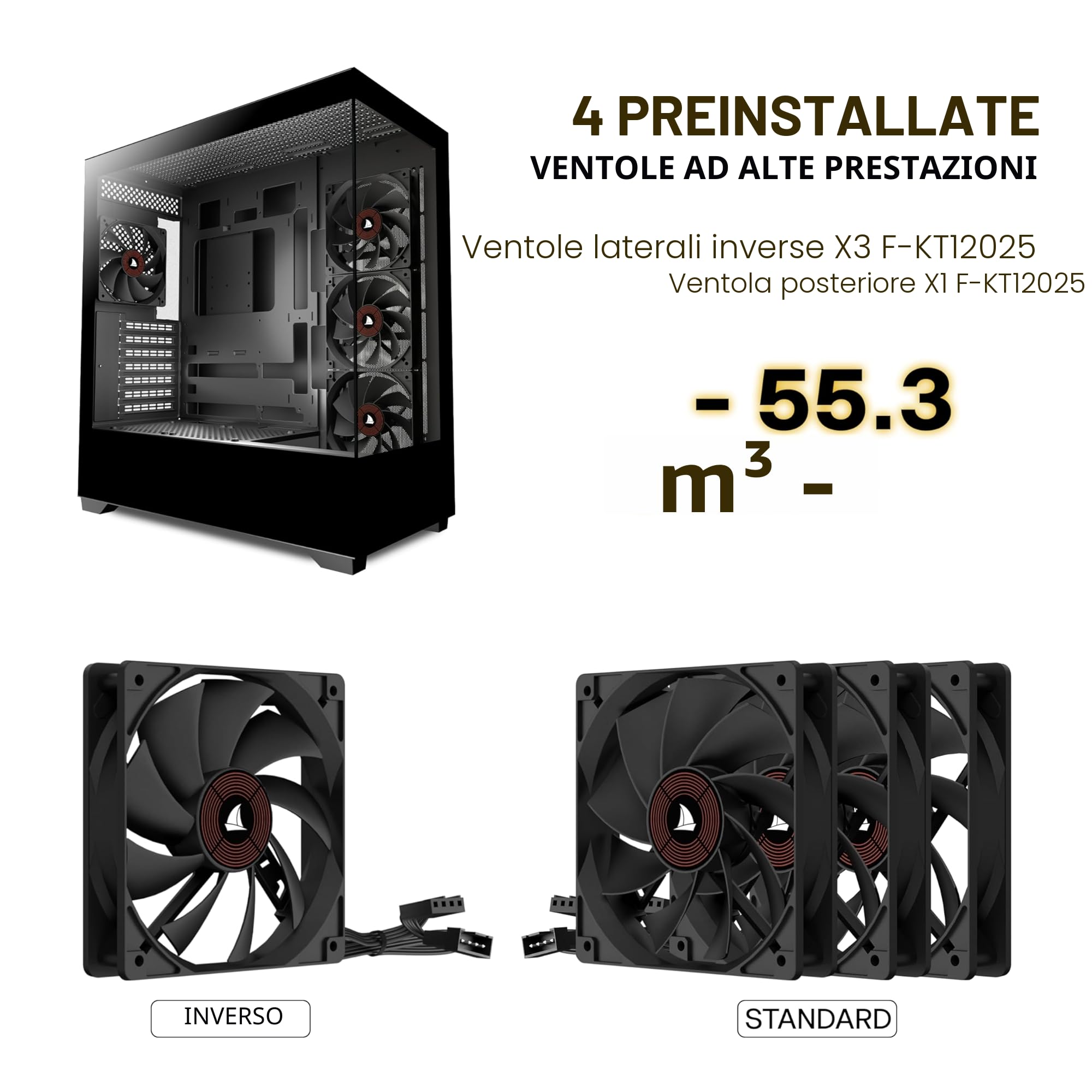 KEDIERS Case PC Preinstallato con 4 × 120MM Ventola Nera, Case PC Mid Tower ATX, Case Computer con Vista Panoramica Pannello Frontale in Vetro Temperato, Nero, P4