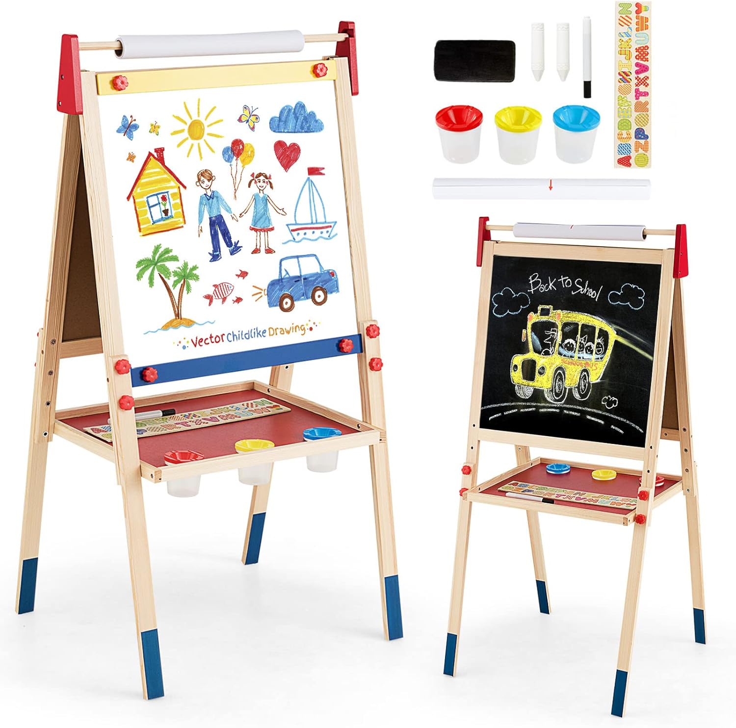 GYMAX Wooden Kids Easel, 3 in 1 Height Adjustable Art Easel with Paper