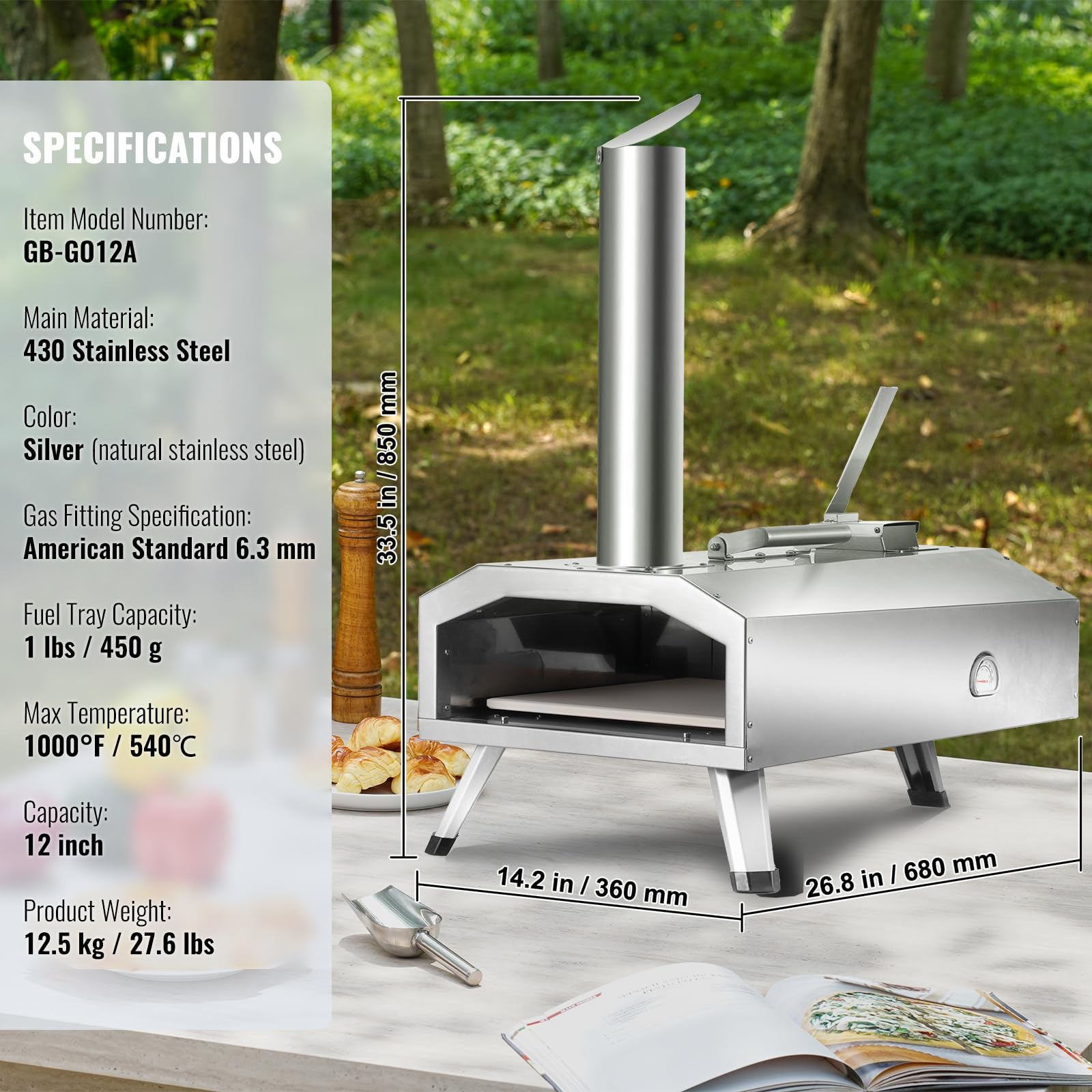 VEVOR Horno de Pizza Portátil Combustible Dual para Uso al Aire Libre, Alimentado con Pellets y Gas y Piedra de Pizza de Cordierita Espesa, Pata Plegable a Acampar y Patio, 360 x 680 x 850 mm, Plata