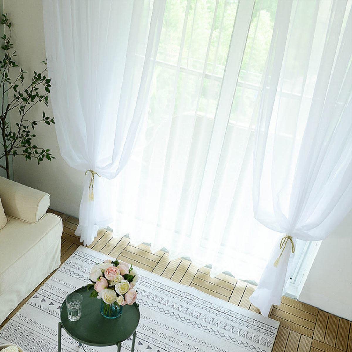 300cm Hauteur Couleur Rideau Salon Fenêtre Fini Tulle Sheer Voile Rideaux pour Chambre Voilage Drapes-Gris Tulle, W200x300cm 1 pièce, Crochets