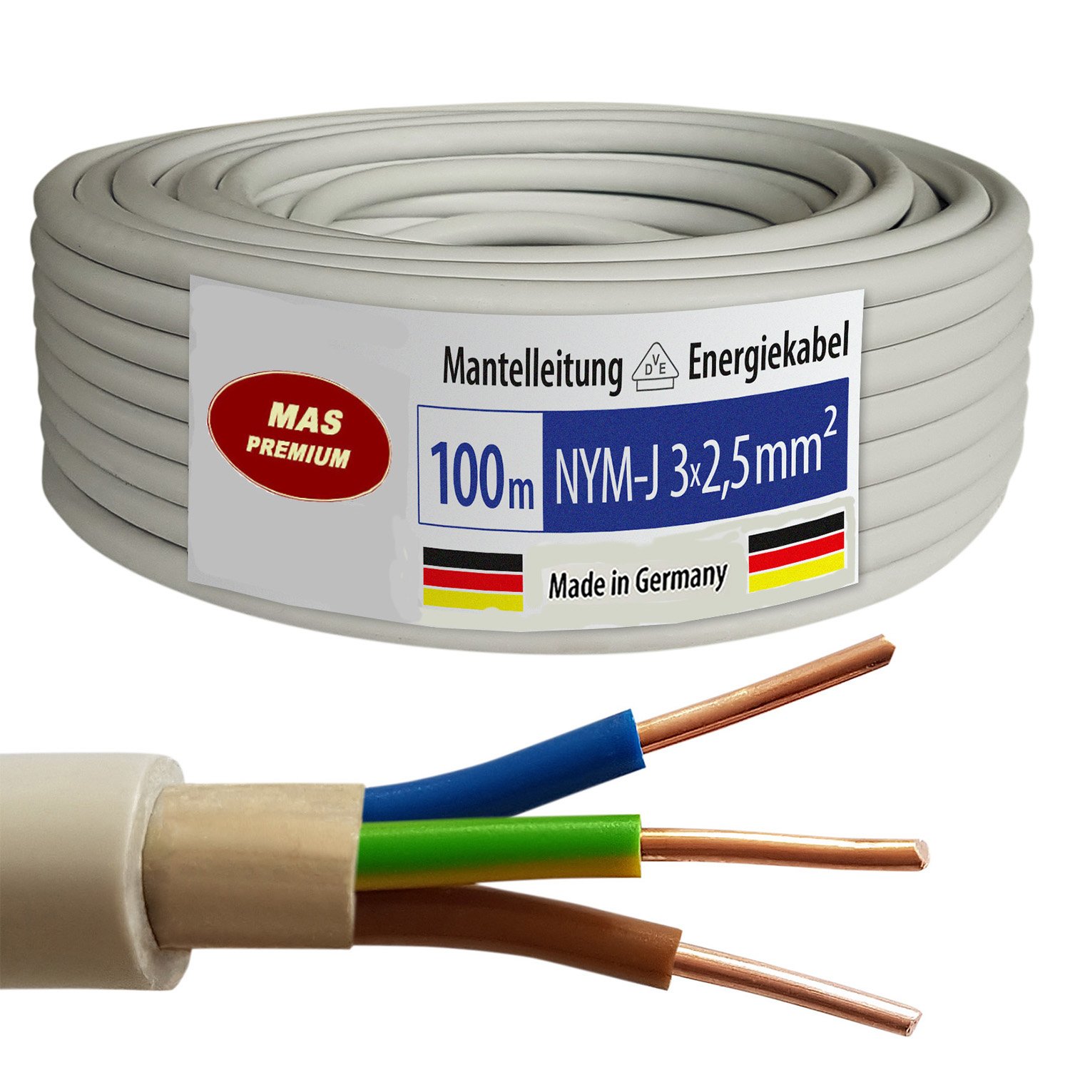 Cavo di alimentazione cavo elettrico OFC rame 100 m NYM-J 3 x 2,5 mm²