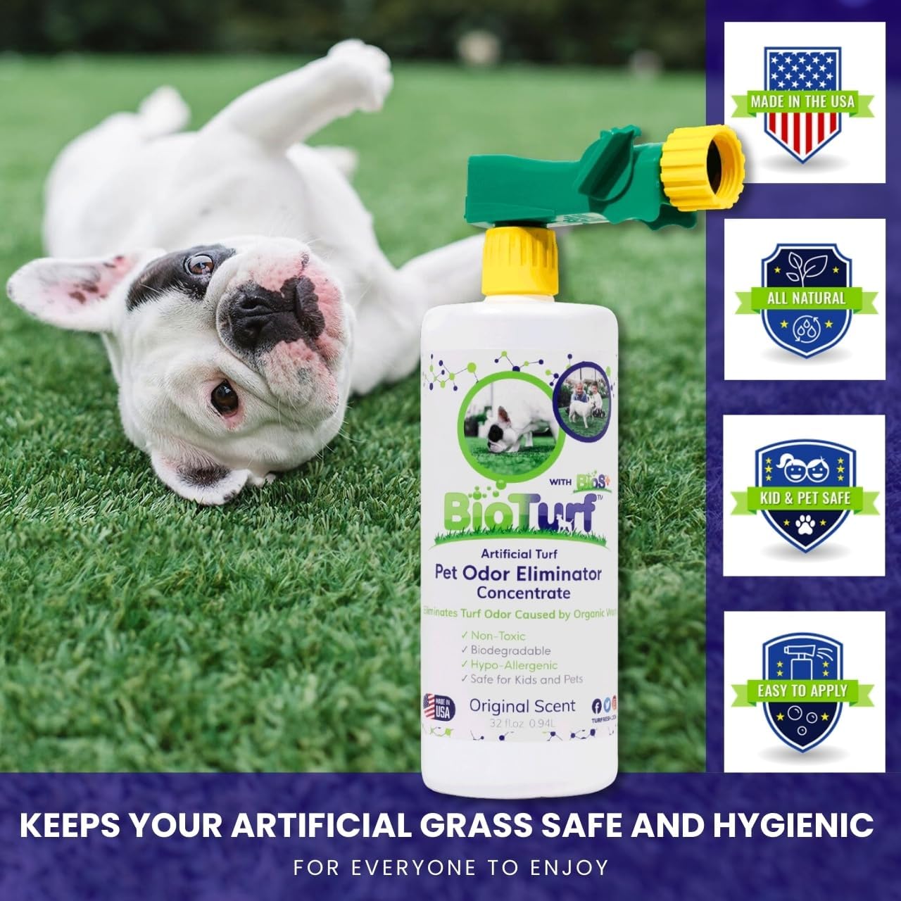 BioTurf BioS+ Odor Eliminator Concentrate - Artificial Turf Cleaner for Dog Urine & Feces - Outdoor Yard Deodorizer Enzyme Odor Eliminator for Fake Grass, Patios, Kennels & Gravel 32 oz Bottle 2-Pack