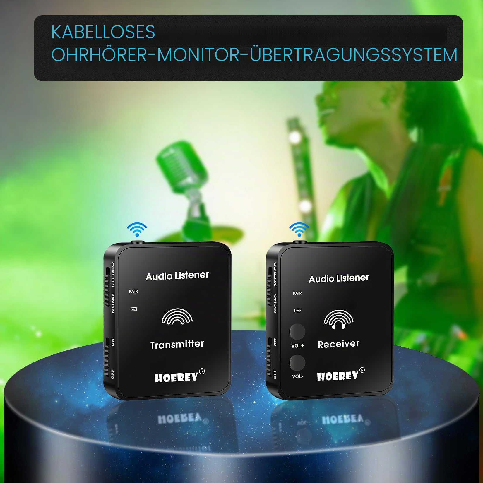 Hoerev In-Ear Monitoring Kopfhörer – Professionelles Audio und 2.4G Stereo Technologie, Hochleistungs-Operation – Ideal für Studioqualität, Live-Auftritt, EIN Satz Empfänger und Sender