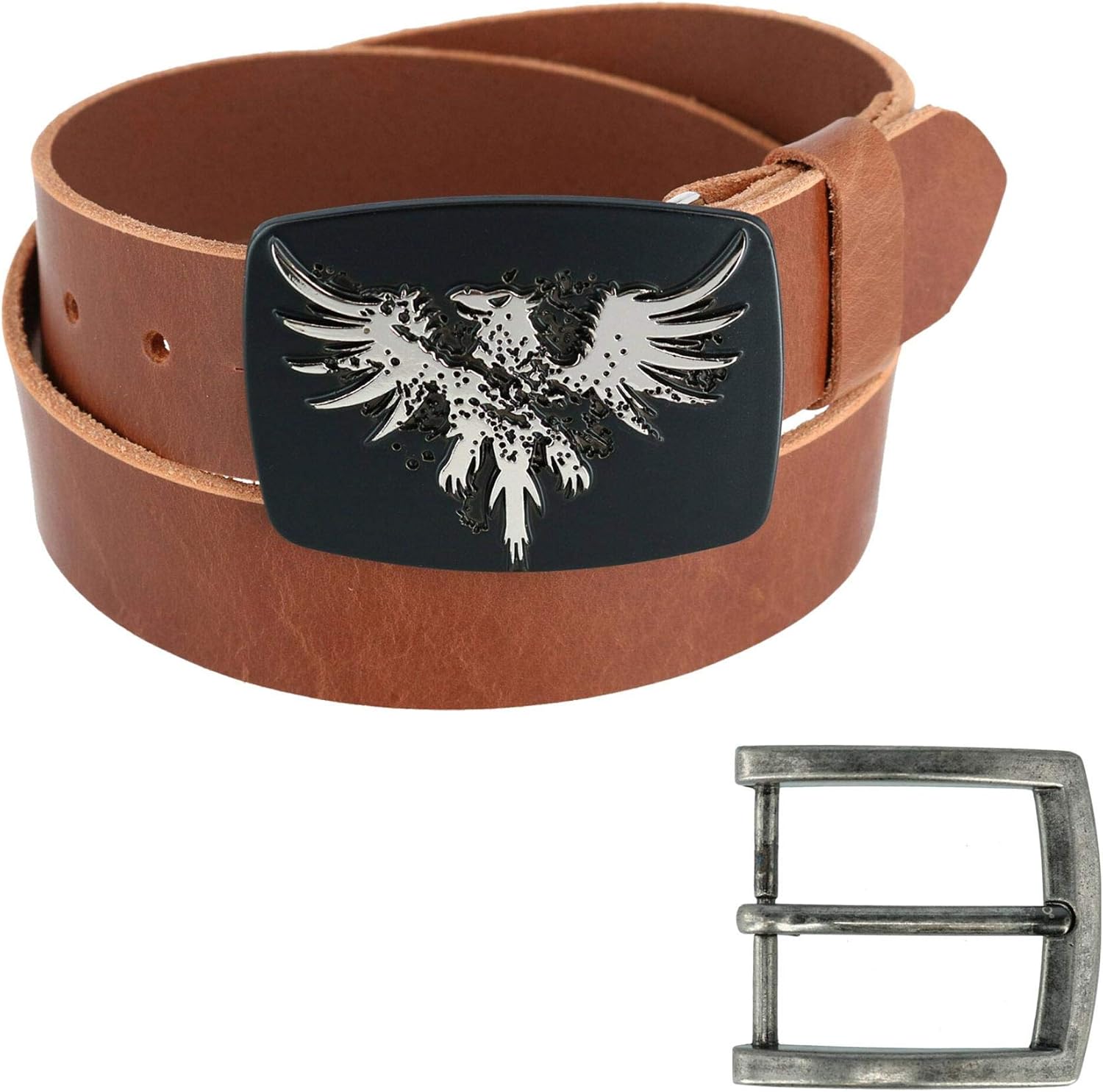 CTM Men's Leather Bridle Belt with Phoenix Belt Buckle (2 Buckle Set)