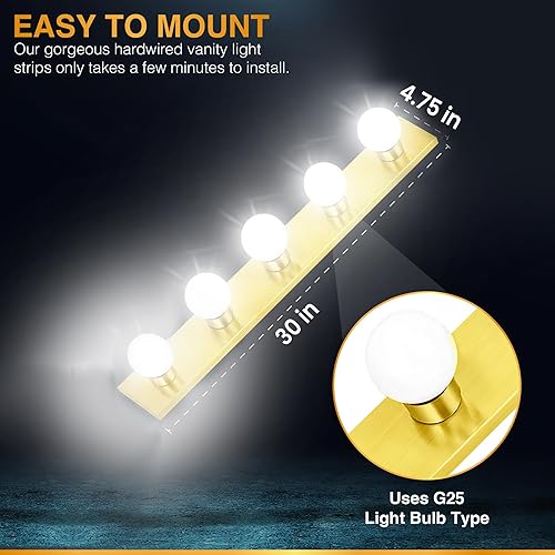 Vista 26 de DYSMIO Lighting - Tira de tres luces para tocador de estilo Hollywood con placas doradas, accesorios de calidad de salón para dormitorio, baño, Oro