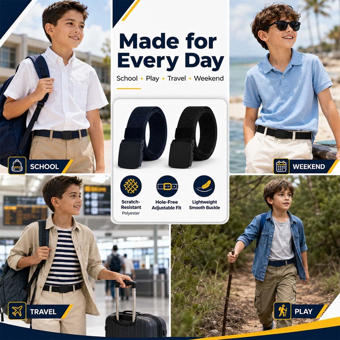 Cinturón Niño 1 Unidad Negro Talla Única, Cinturón De Nylon Con Hebilla Metálica Para Pantalones, Béisbol Y Golf Para Niños
