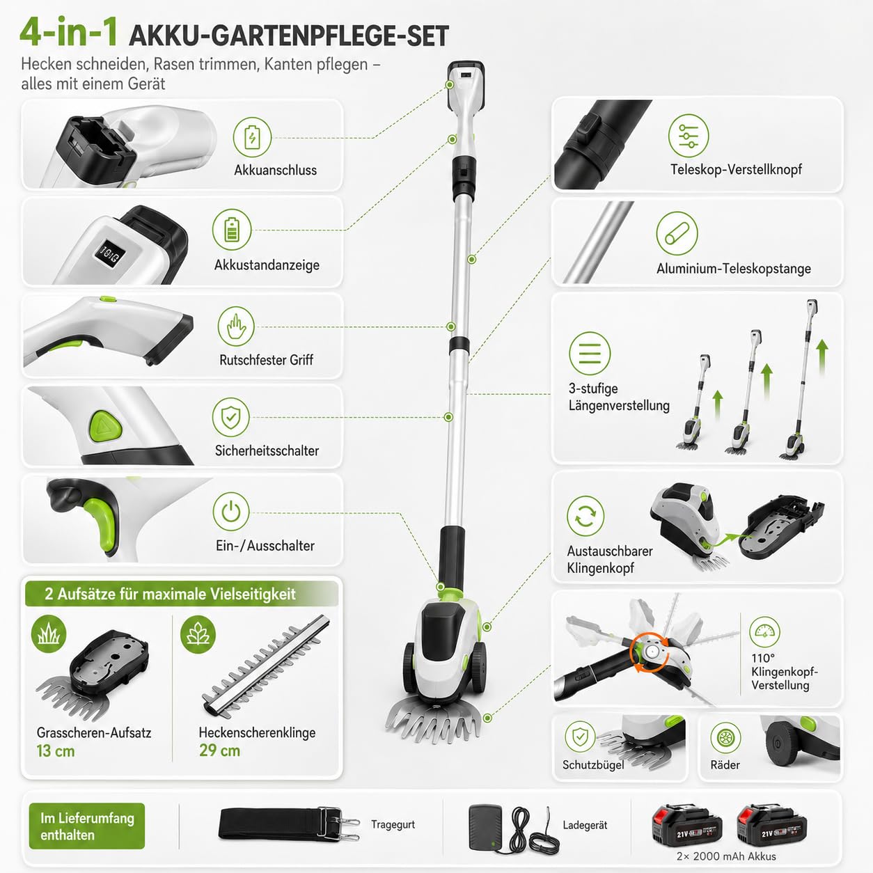Teleskop Heckenschere Akku mit Rollen, 4-in-1 Elektro-Teleskop-Astschere & Grasschere mit Leistungsdisplay und 2x21V Akkus, Aluminiumlegierung, 110° Verstellbarer Kopf, Max 1,73m
