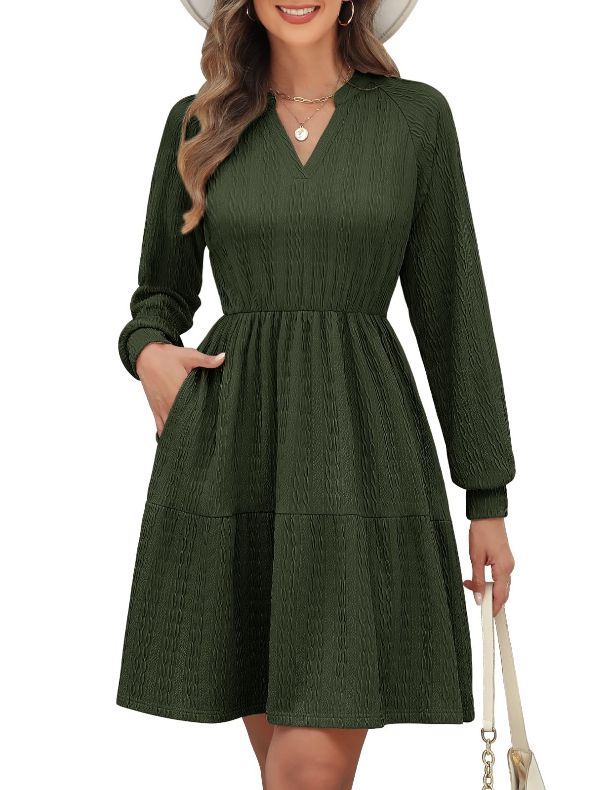 PASUDA Kleid Damen Elegant Langarm Ärmel V-Ausschnitt Kleider Casual Damen Kurze Freizeitkleider Frühling Herbst Herbstkleid Knielang Kurzkleid Minikleid Bequem A Linien mit Taschen