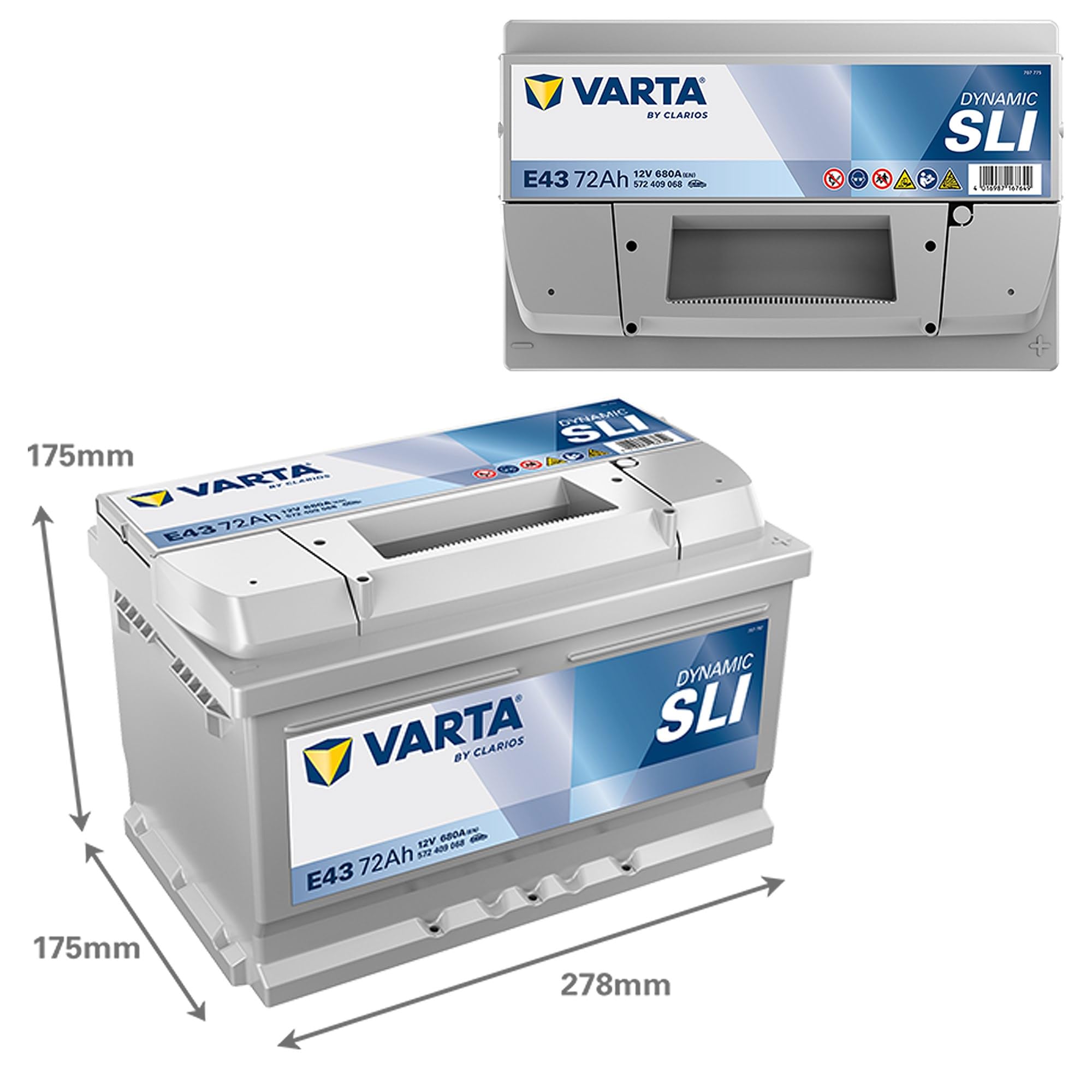 VARTA Automotive DYNAMIC SLI (E43) 12V 72Ah 680A - Nassbatterie KFZ mit Standardausstattung & ohne Start-Stopp System - Starterbatterie für einfachen Energiebedarf - Bleisäurebatterie wartungsfrei | Starterbatterie Standardausstattung & ohne Start-Stopp S