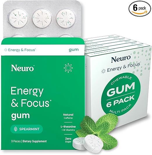 NeuroGum Energy & Focus Gum (Spearmint, 54 Pieces) | 40mg Natural Caffeine + L-Theanine + Vitamin B12 & B6 + Xylitol | Sugar Free Nootropic Cognitive Brain Performance Supplement