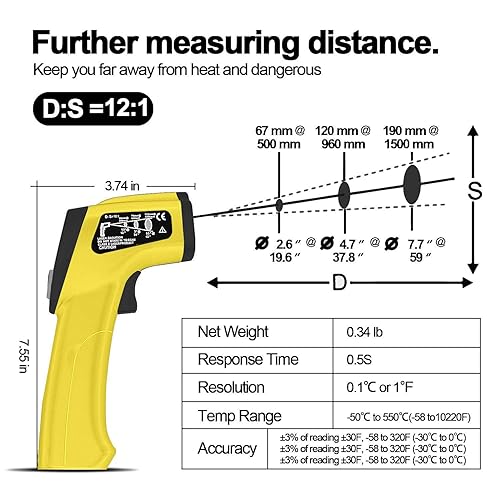 Miniatura 5 de BTMETER BT-980D DS - Termómetro infrarrojo industrial de mano 121, pistola de temperatura láser digital sin contacto para -58 a 1022 (-58.0 F