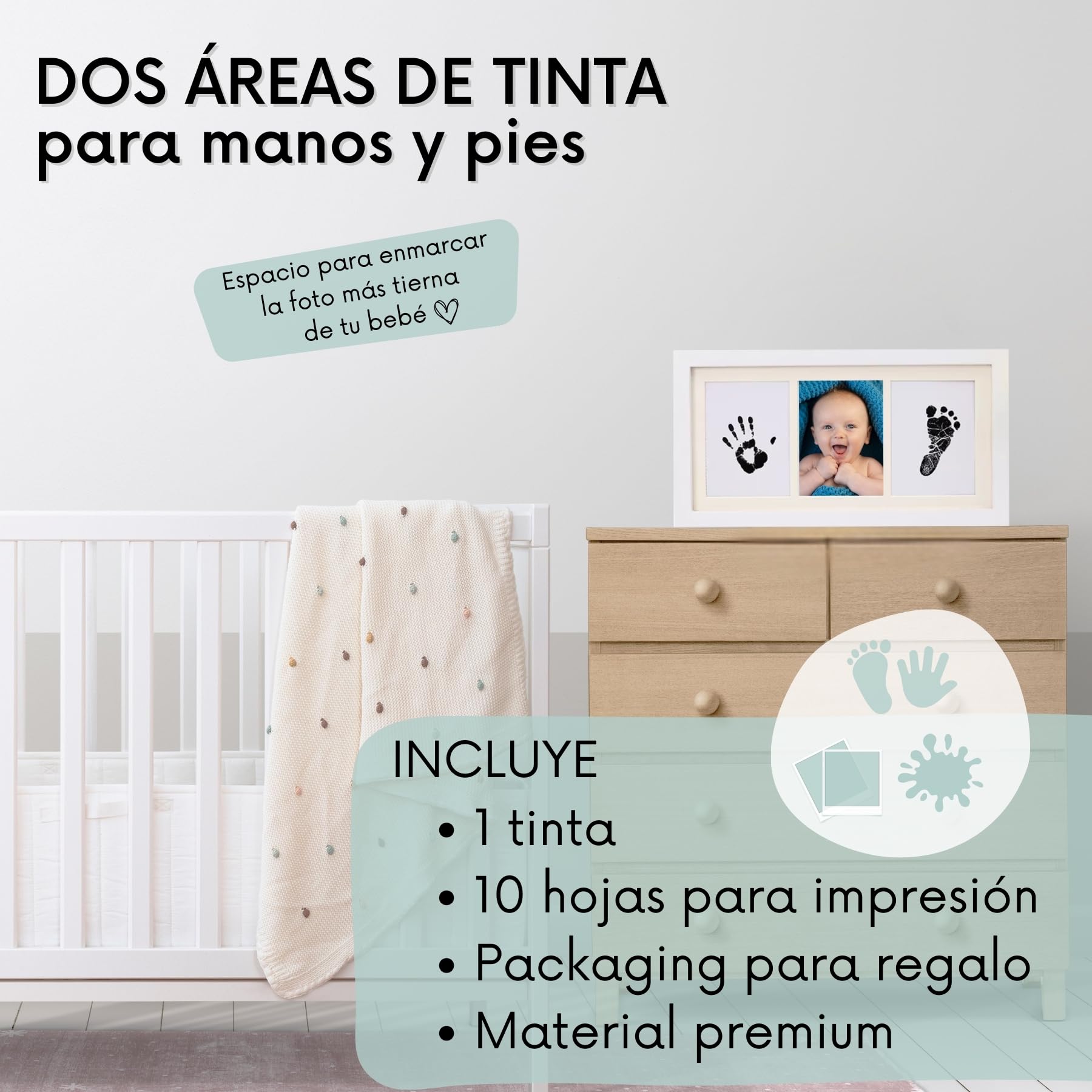 HuBorns – Marco huellas bebé recién nacido con tinta, kit completo para huella pie y mano, cuadro recuerdo original, regalo bebé niño o niña y decoración habitación infantil - 3