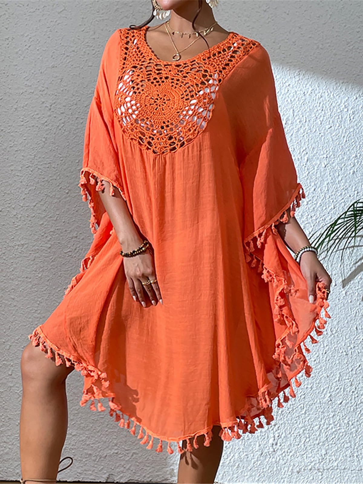 Strandkleid Fringe Tassel Embroidery Half Sleeve Tunic Beach Cover Up Cover-ups Long Beach Dress Beach Wear Beachwear Female Women Strandkleider(Orange)