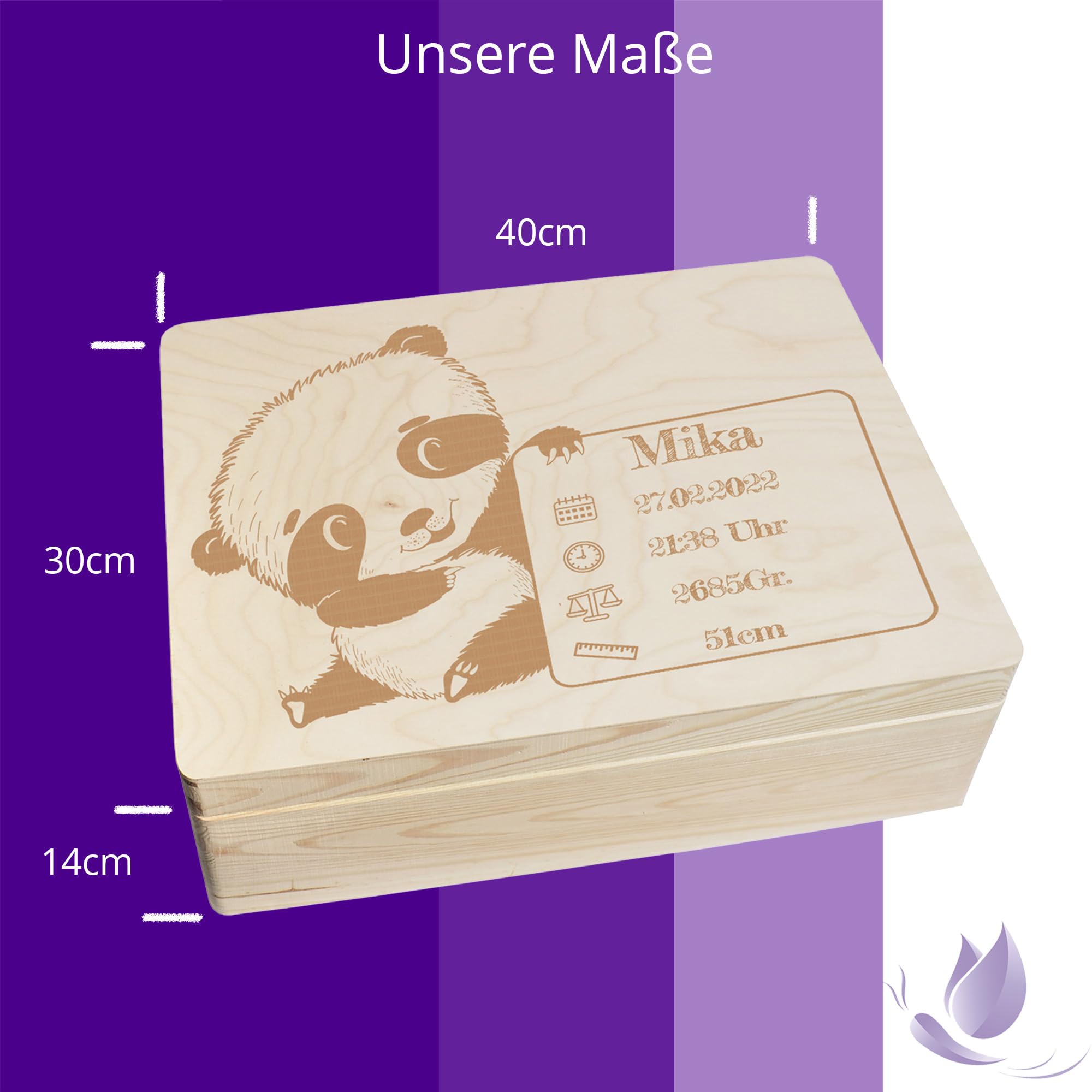Scatola dei ricordi personalizzata per neonati e bambini con incisione Panda – Scatola in legno per bei ricordi – Scatola in legno 40 x 30 x 14 cm