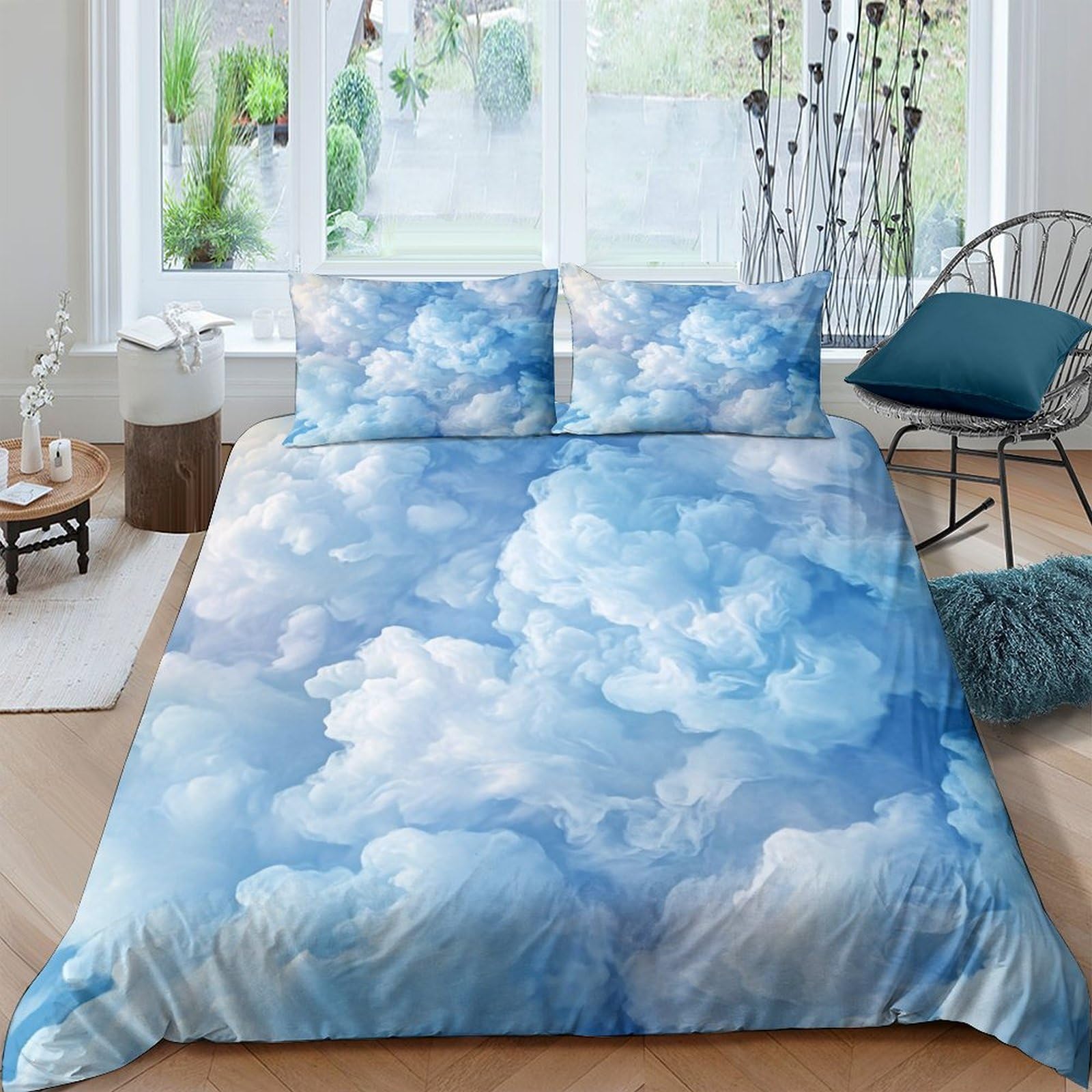 GPLZQXKJNH 3D Printed Cloud Sky Duvet Cover Set Microfiber Soft Bedding with 2 Pillowcases Blue Cloudy Quilt Cover for Bedroom Single（135x200cm）