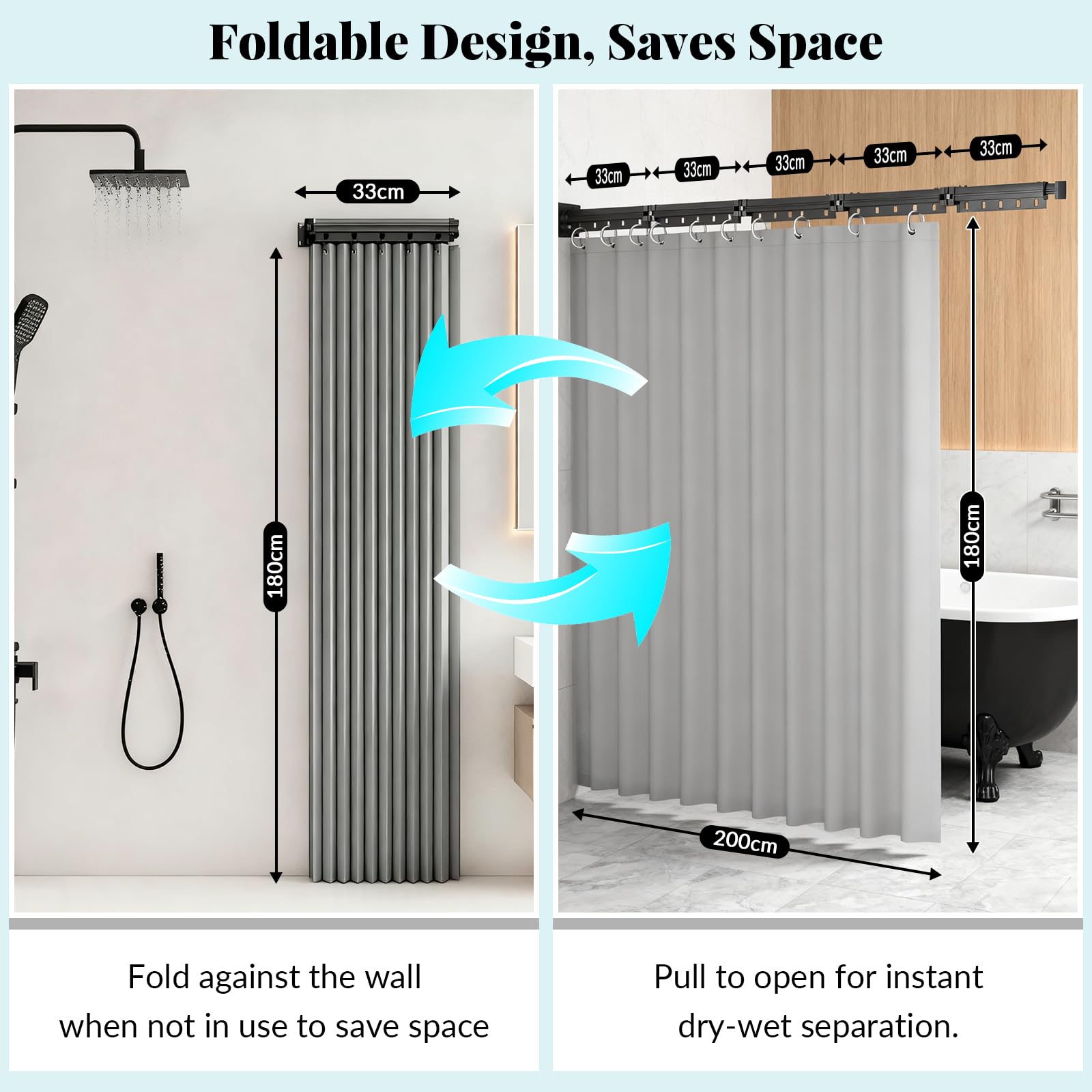 Asta per Tenda Doccia Pieghevole, Bastone Tenda Doccia Angolare, 1,8 m × 2 m Tendina Impermeabile Antimuffa, Senza Fori, Pieghevole Forma U/L/Retta, per Piccoli Bagni, Spogliatoi, Camper