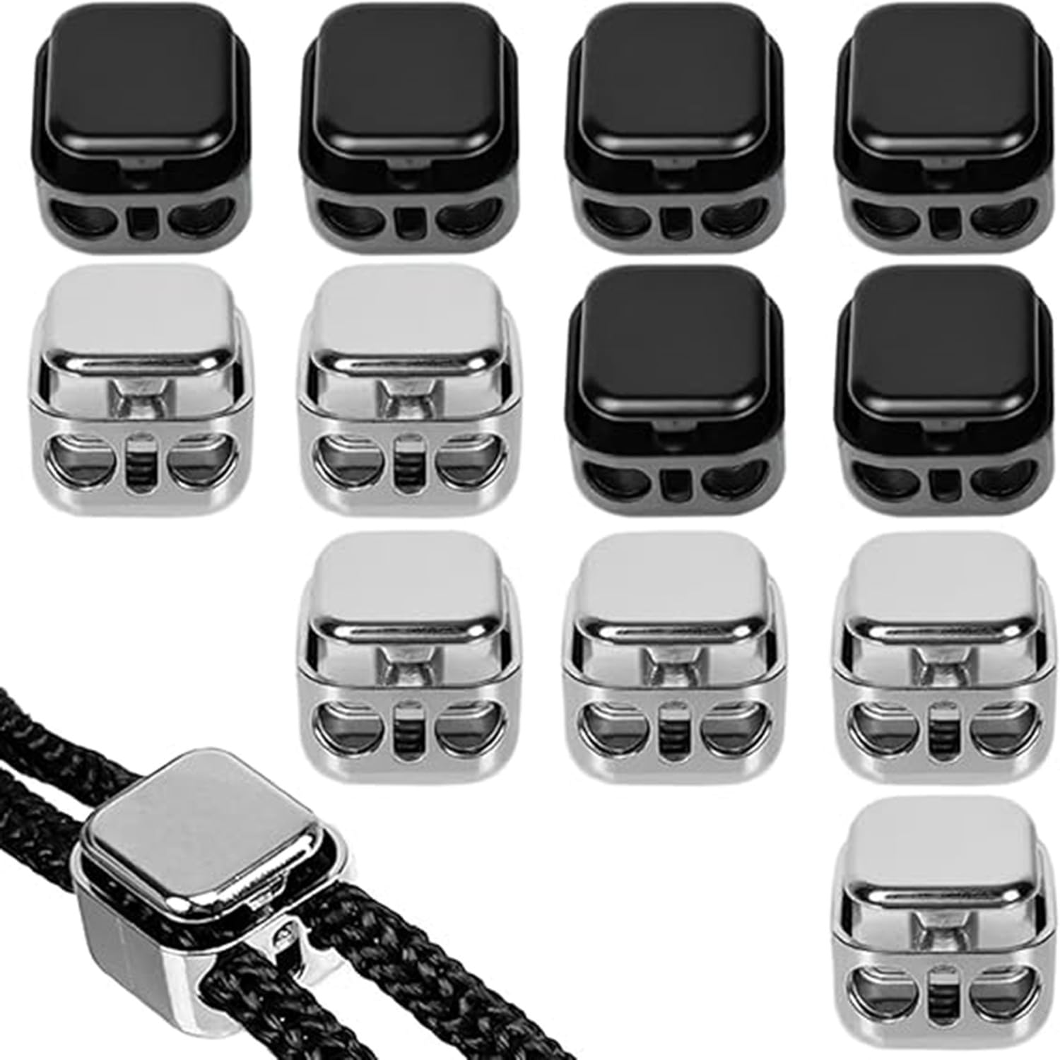 Zheigaoxea 1 2 Pcs Cord Locks For Drawstrings, Double Hole Metal Cord Lock End Stopper Fastener Slider Toggles Draw String Clips For Lanyard Paracord Drawstrings（Silve&Black）