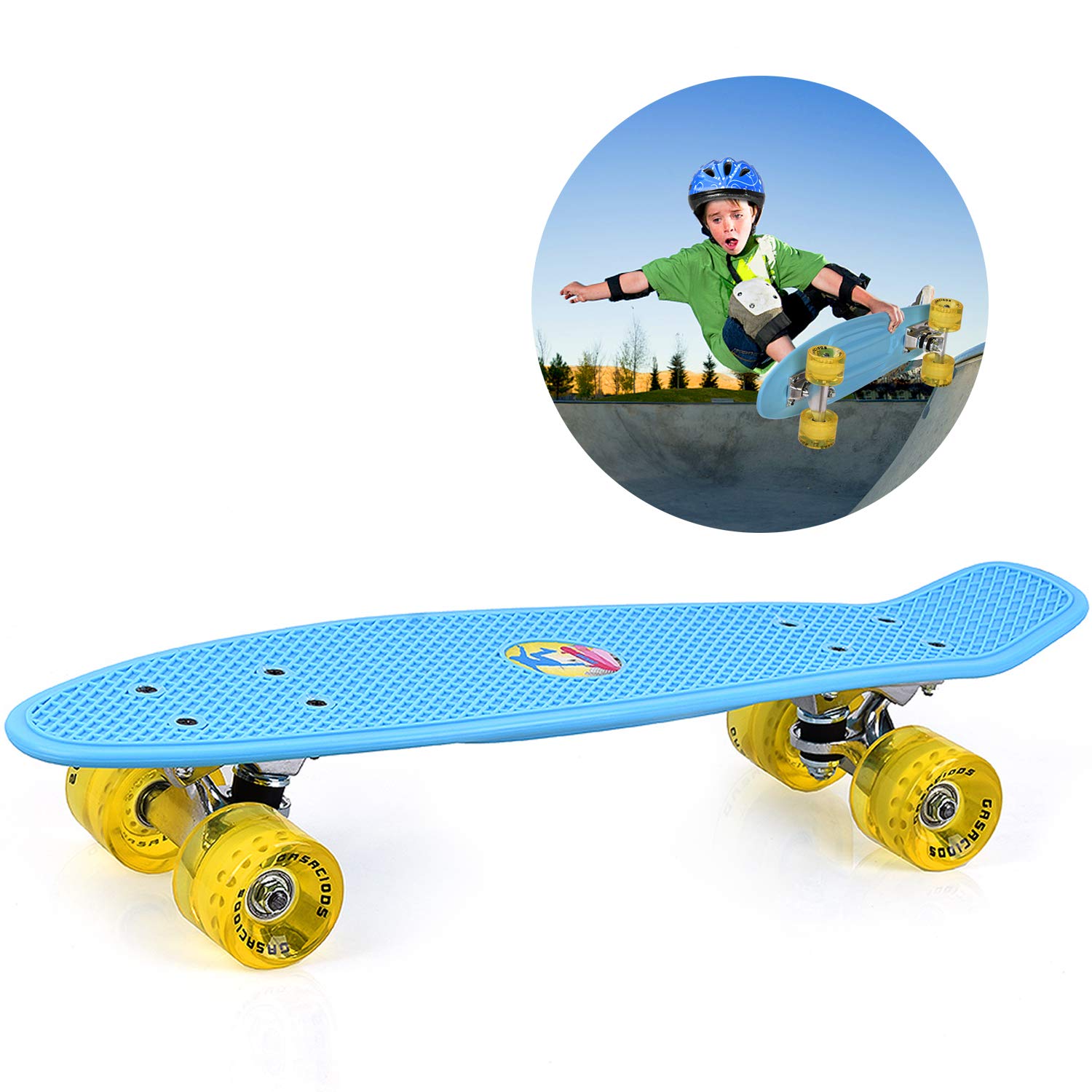GASACIODS 22 Inch Mini Cruiser Skateboard， Complete Plastic Retro Board with Bendable Deck and Smooth PU Casters/Speed for Kids Youths Beginners, 220 Ibs