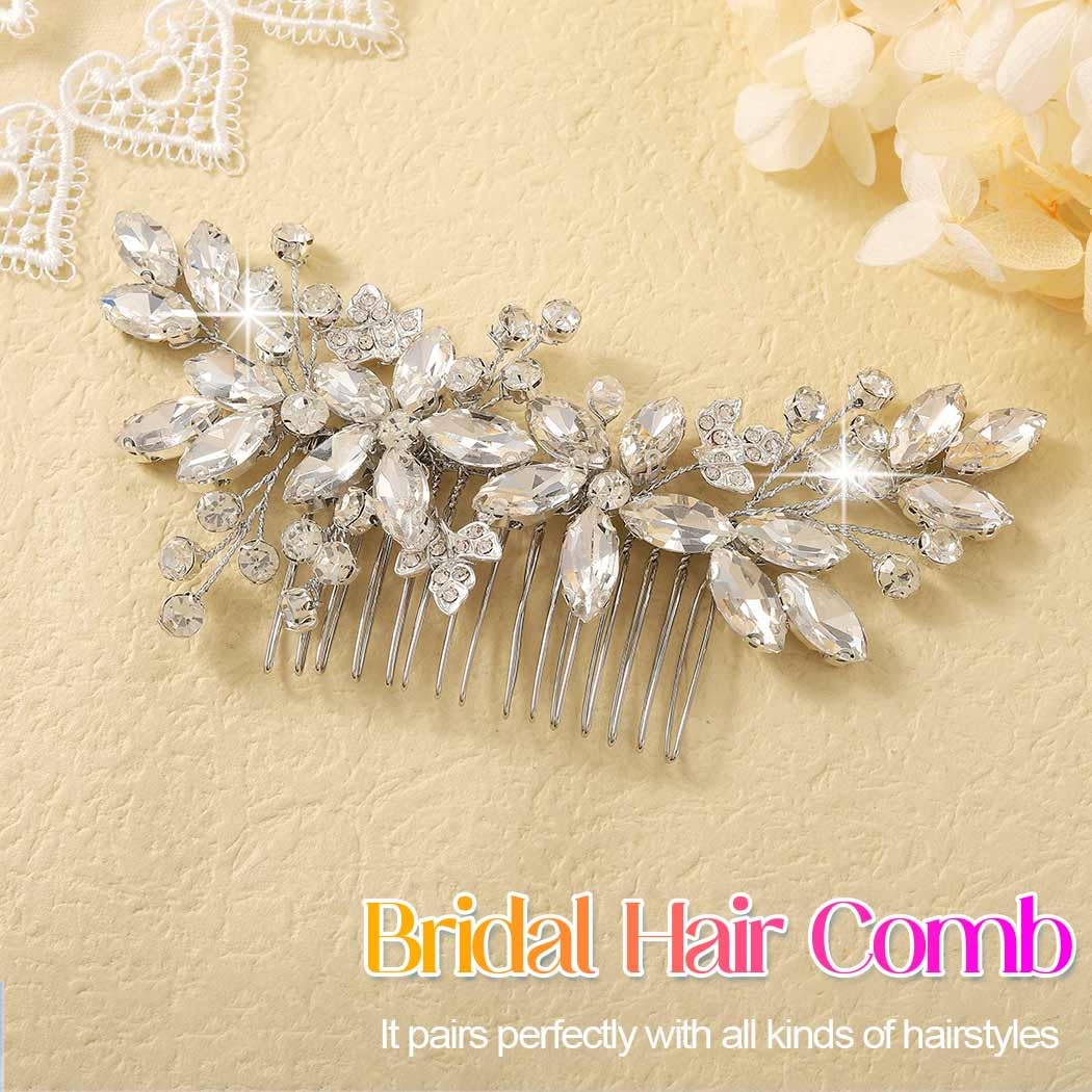 CASDRE Rhinestone Wedding Hair Comb Silver Crystal Hair Piece Leaf Hair Accessories for Women (Silver)