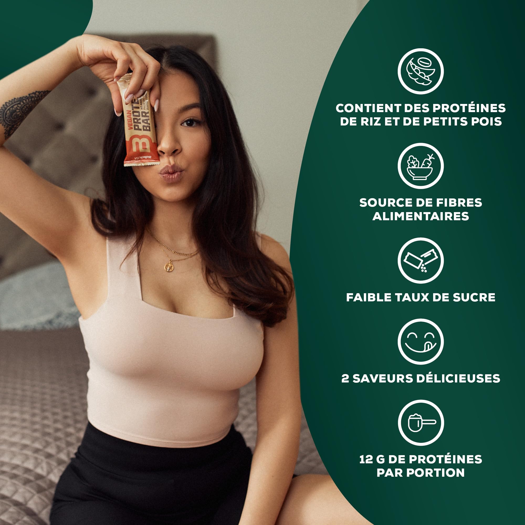 BioTechUSA Vegan Protein Bar, barre protéinée sans lactose ni gluten, à base de protéines végétales, avec un glaçage délicieux au chocolat, et sans sucres ajoutés, 20 * 50 g, Beurre de noisette