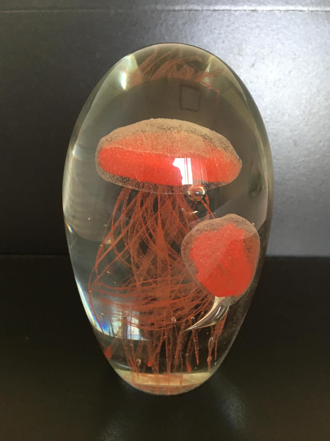 G.I.I Glass Double Jellyfish Paperweight, Red Color, Glow in The Dark, 5 H.