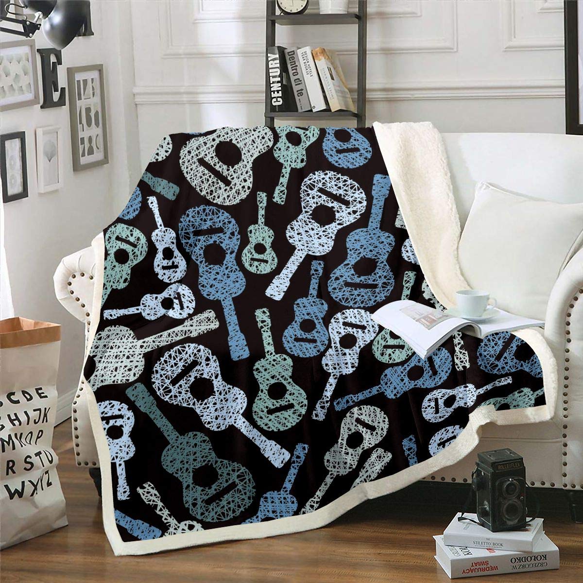 Loussiesd Guitar Fleece Blanket for Sofa Bed Music Themed Plush Blanket Decorative Chic Musical Pattern Sherpa Throw Blanket Fuzzy Blanket Baby 30"x40"
