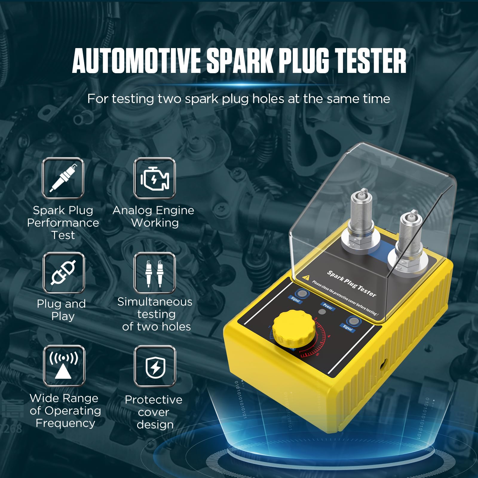 Tester per Candele Automobilistiche a Doppio Foro, BELEY Strumento Tester per Bobine di Accensione a Frequenza Regolabile 0-6000 giri/minuto & Coperchio Protettivo, per Auto e Moto a 12 V (Giallo)