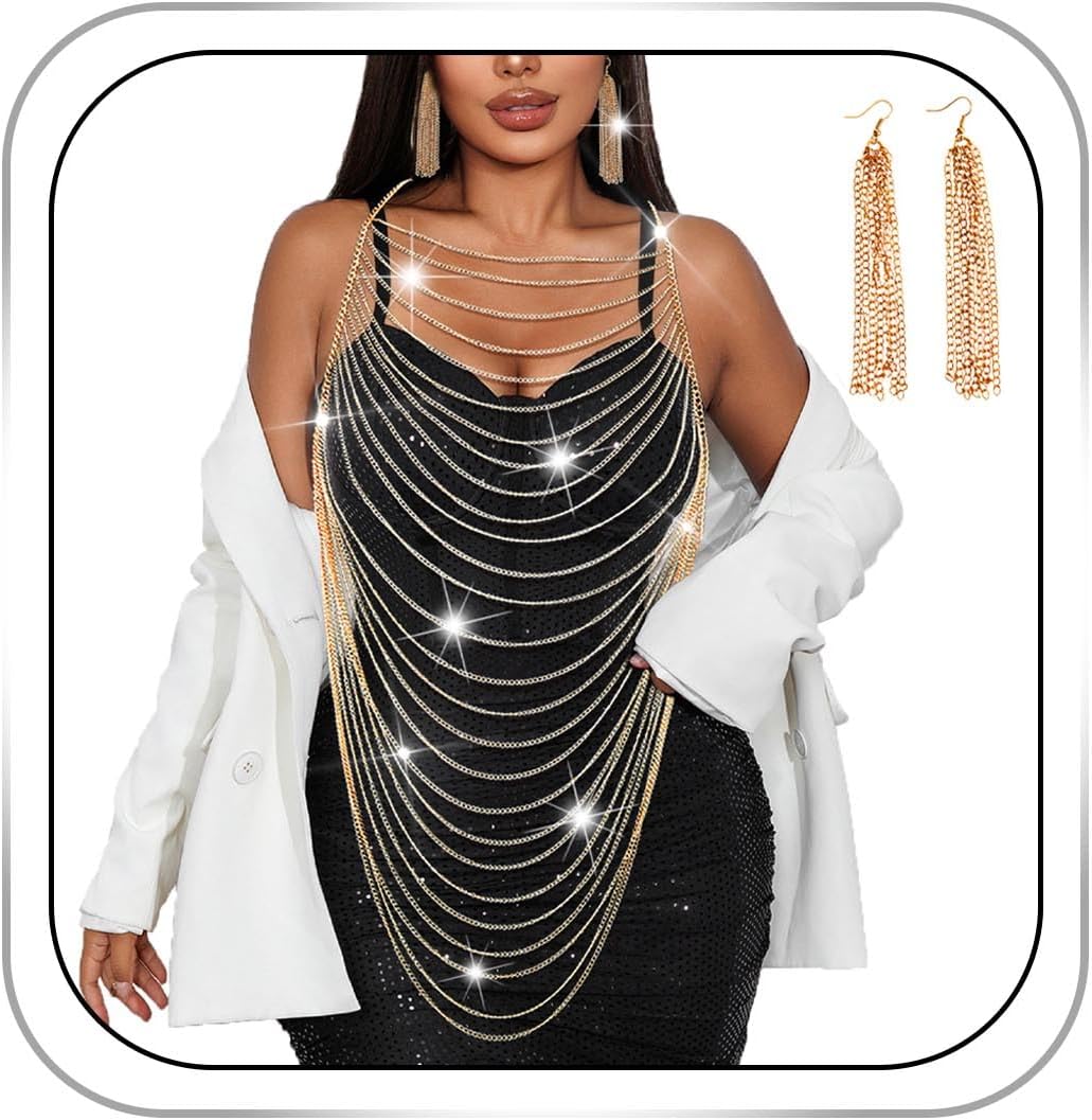 Gold Body Chain Tassel Chain Bra Body Harness Jewelry for Women Shoulder Chains Chest Bikini Rave Accessories (with Gold Earrings)
