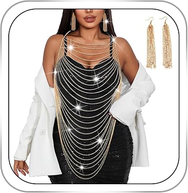Gold Body Chain Tassel Chain Bra Body Harness Jewelry for Women Shoulder Chains Chest Bikini Rave Accessories with Gold Earrings